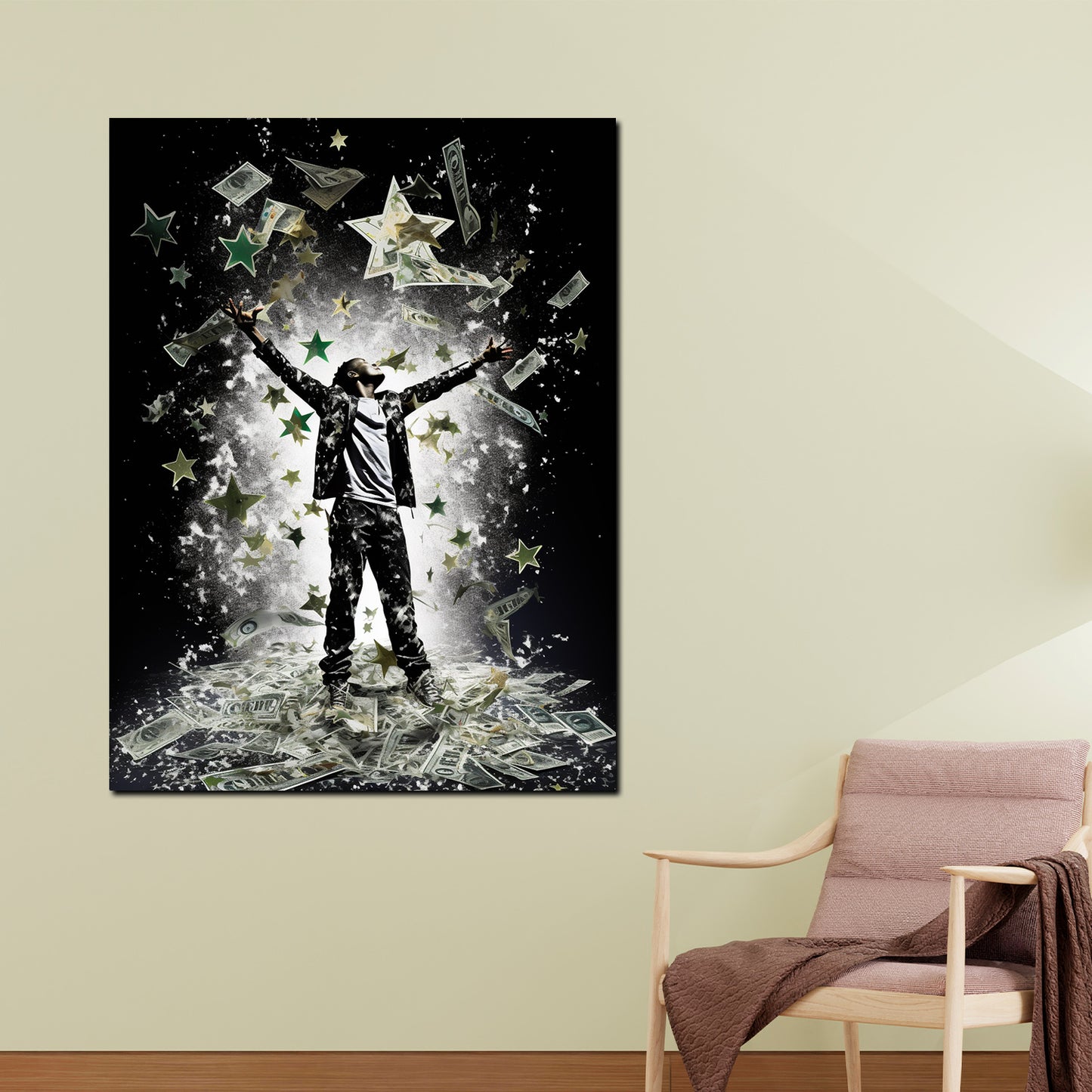 Wandbild Kunstwerk Mann Triumph Geld Sterne Motivation modern