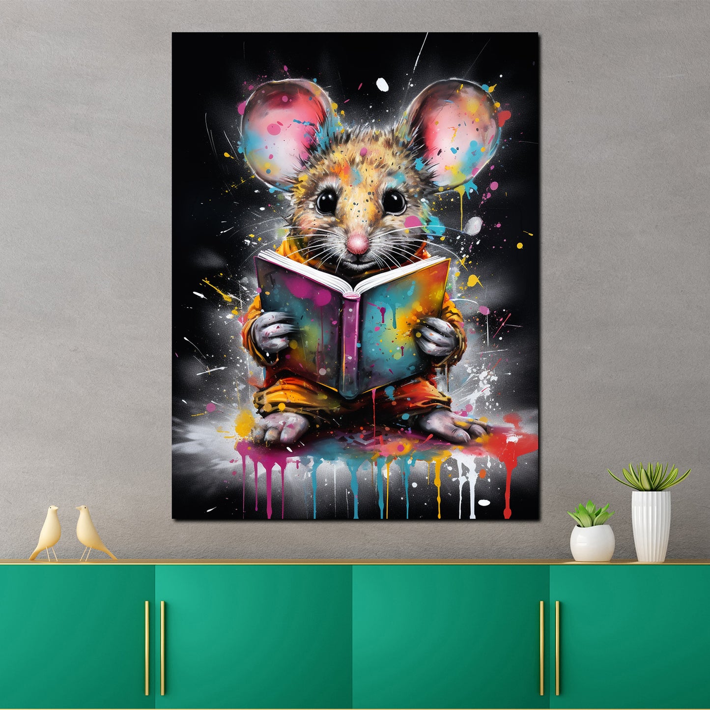 Wandbild Kunstwerk Maus mit Buch Colour Splash