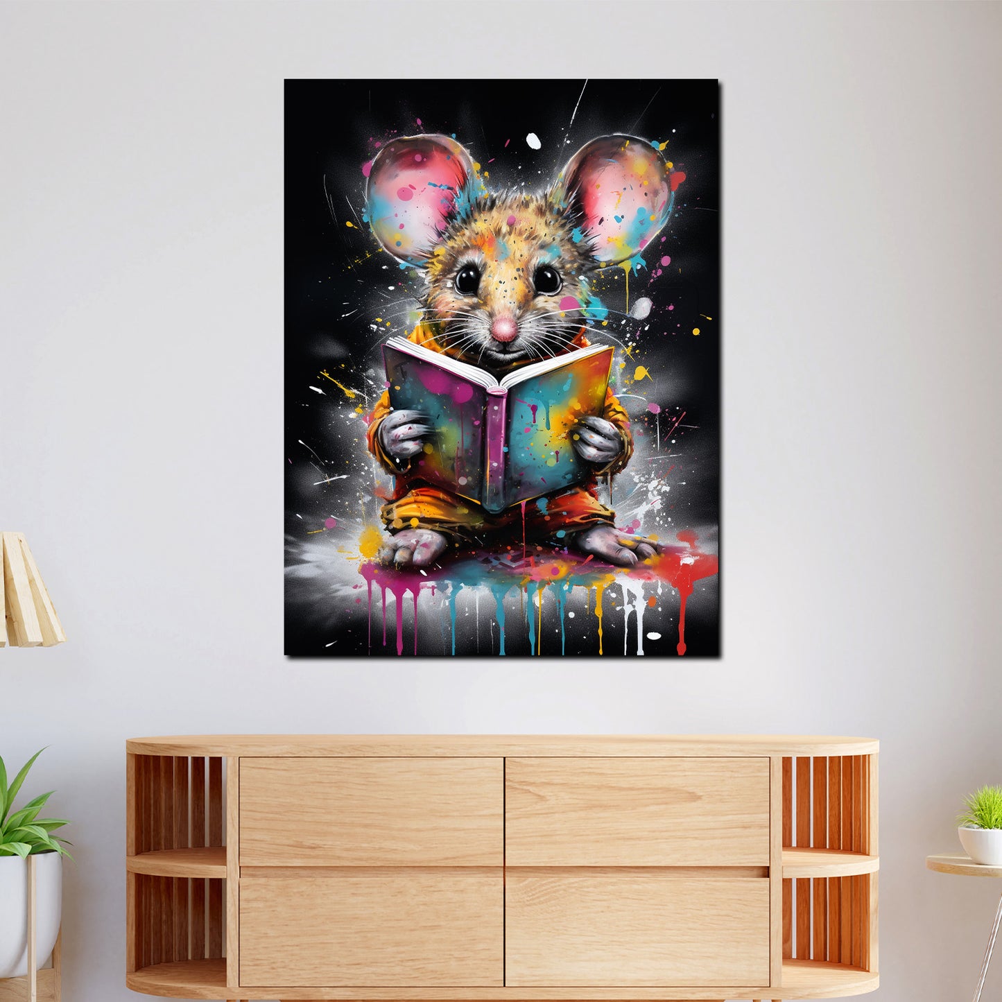 Wandbild Kunstwerk Maus mit Buch Colour Splash