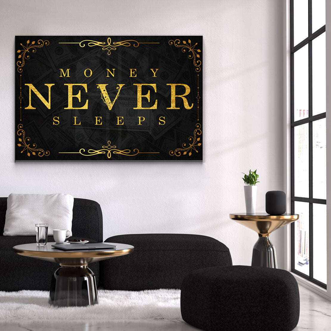 Money Never Sleeps Gold Style, Motivation Wandbild Kunstwerk