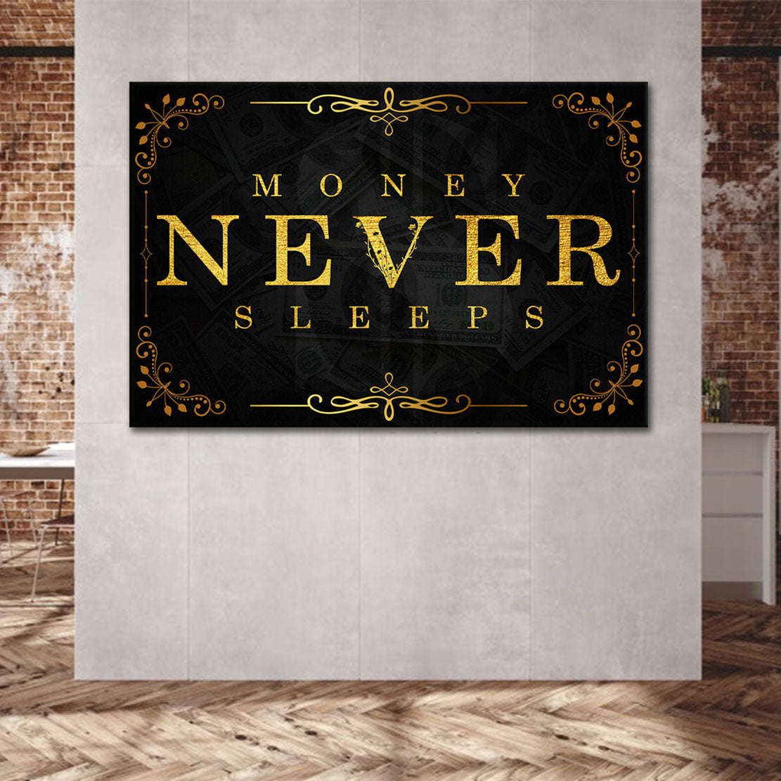Money Never Sleeps Gold Style, Motivation Wandbild Kunstwerk