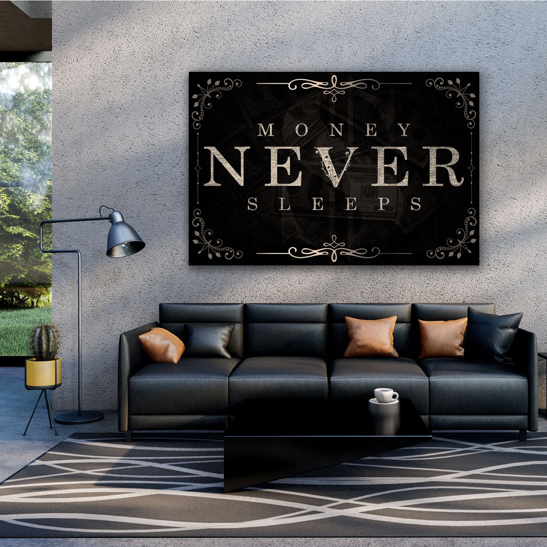 Money Never Sleeps Silver Black Style, Motivation Wandbild Kunstwerk