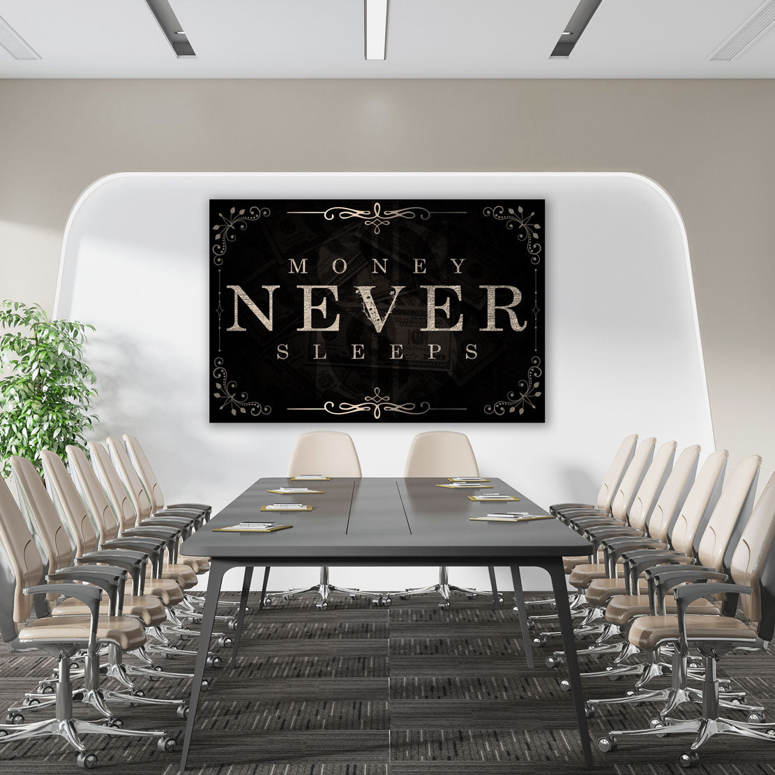 Money Never Sleeps Silver Black Style, Motivation Wandbild Kunstwerk