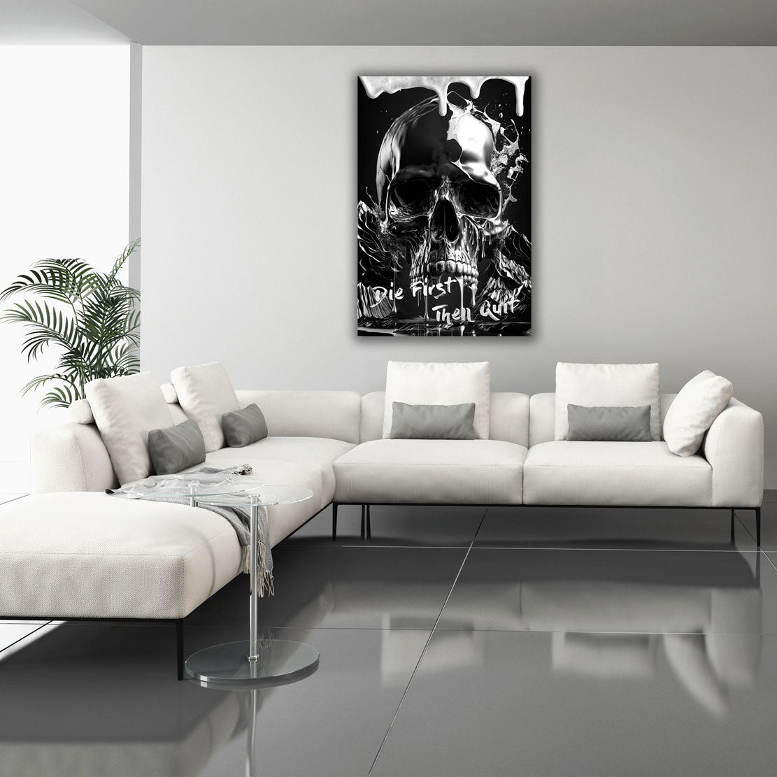Wandbild Kunstwerk Motivation Totenkopf Zitat Metalloptik modern