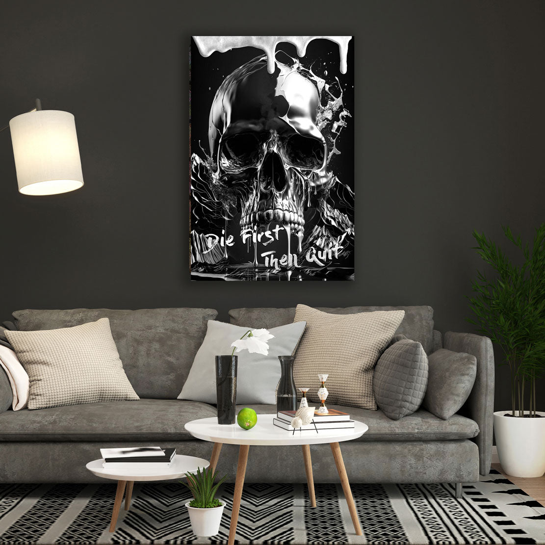 Wandbild Kunstwerk Motivation Totenkopf Zitat Metalloptik modern