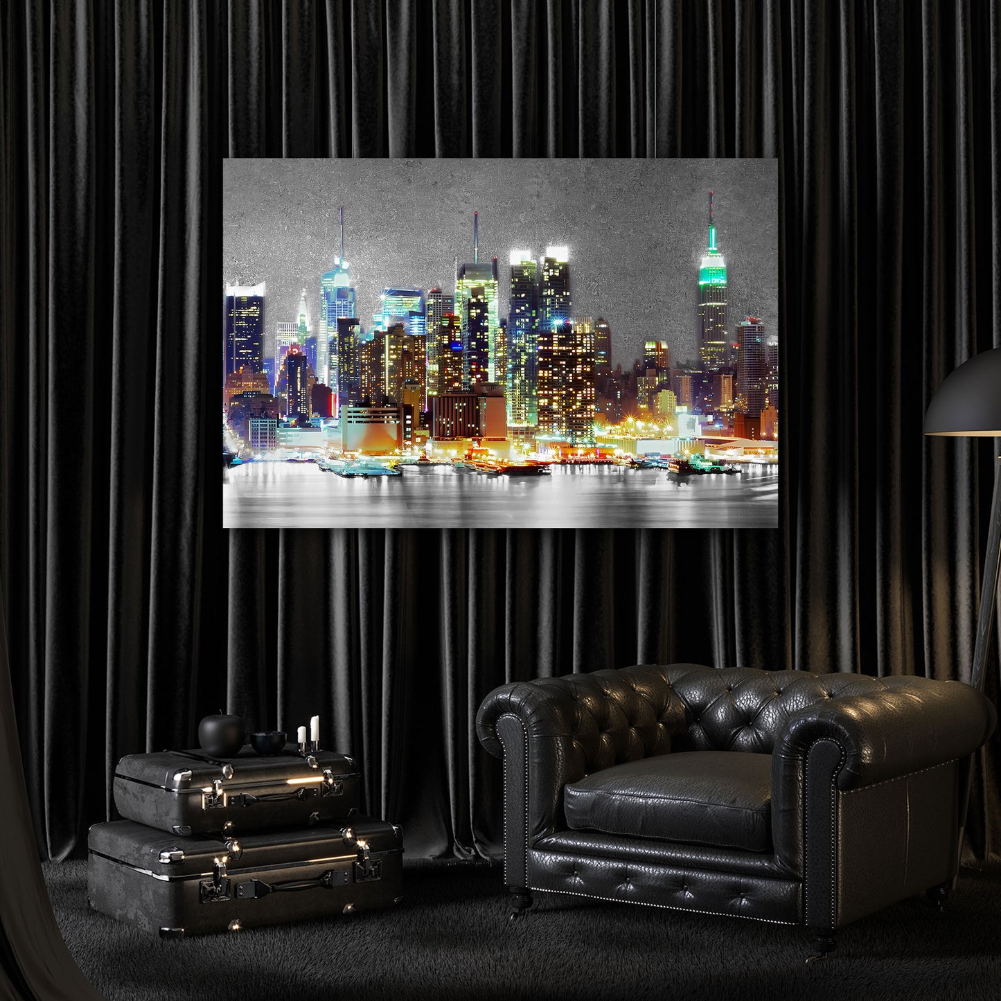 Wandbild Kunstwerk New York leuchtende Skyline, USA