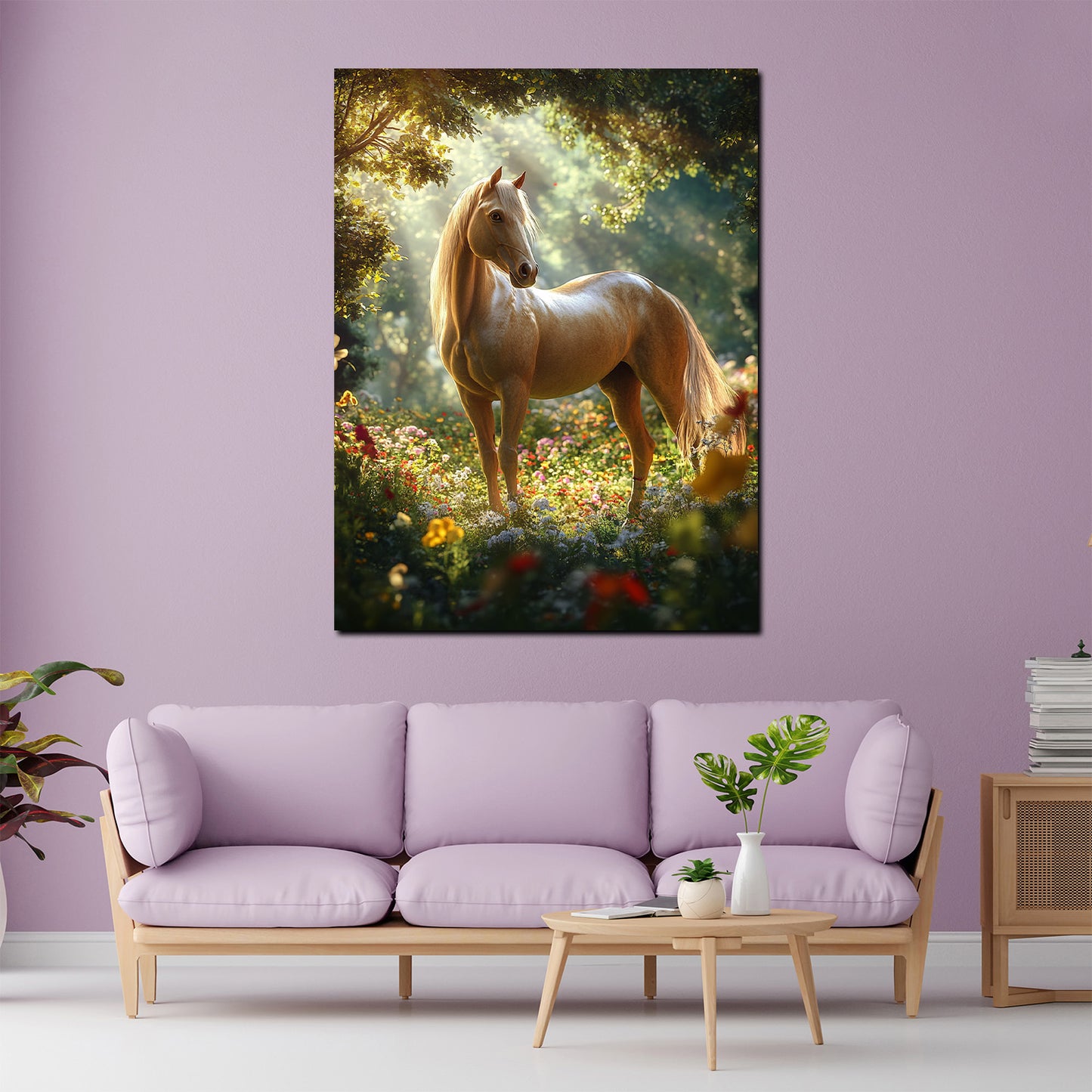 Wandbild Kunstwerk Pferd auf einer Blumenwiese Natur Harmonie Licht