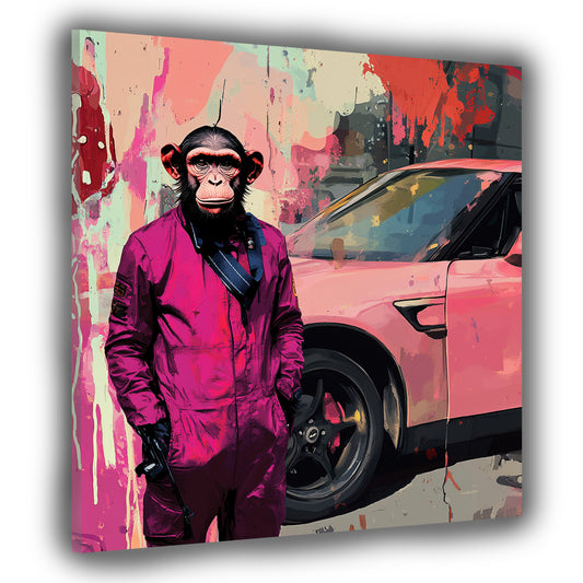 Pop Art Affe im Anzug vor Auto bunt Wandbild Kunstwerk