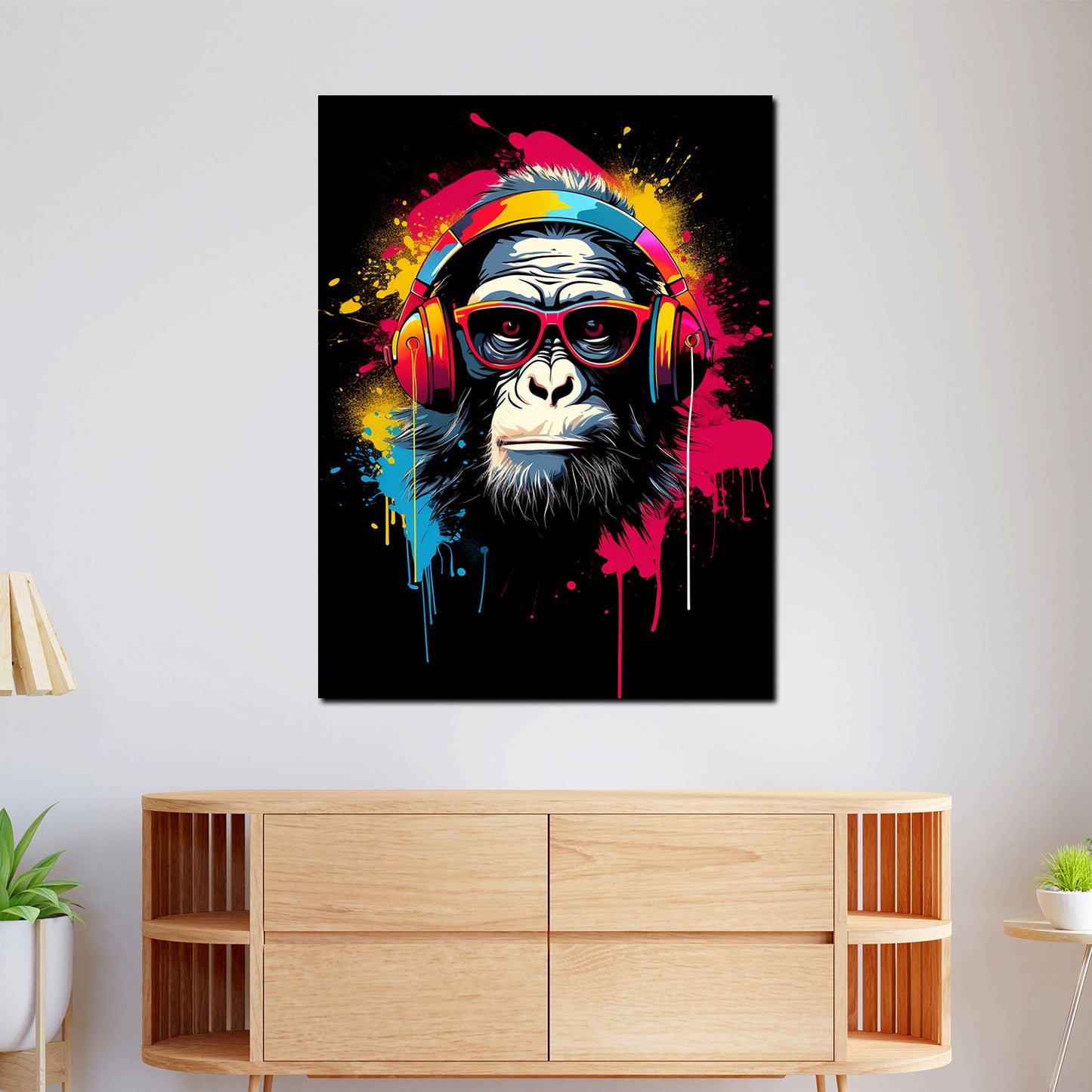 Pop Art Affe mit Kopfhörer und Brille Wandbild Kunstwerk