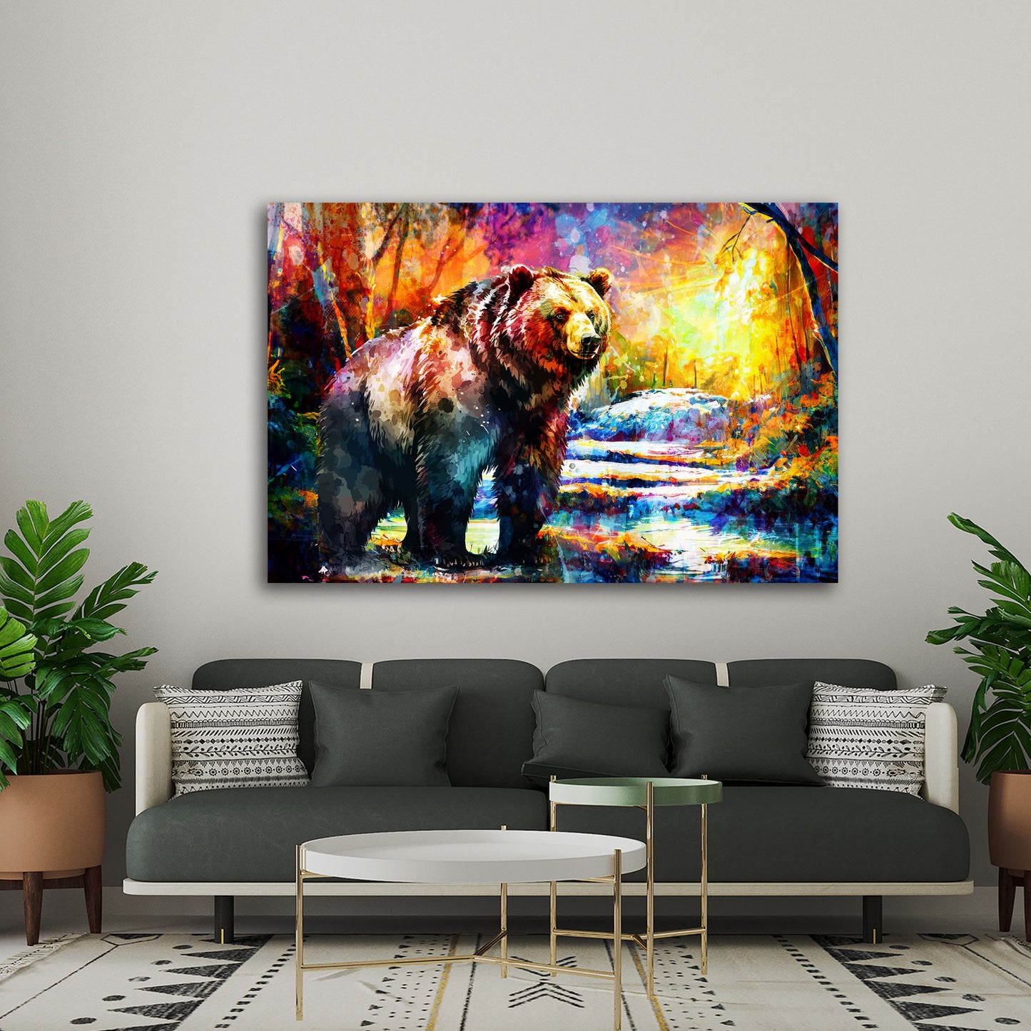 Pop Art Bär im Wald Painting Style Wandbild Kunstwerk