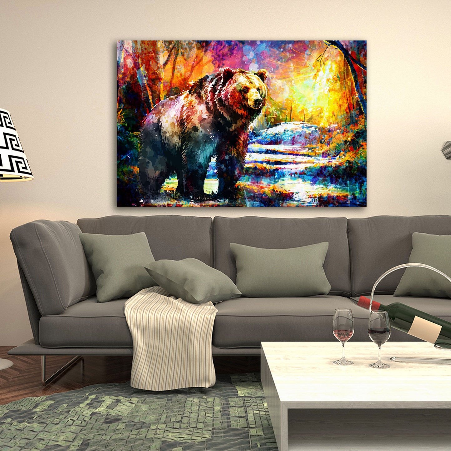 Pop Art Bär im Wald Painting Style Wandbild Kunstwerk