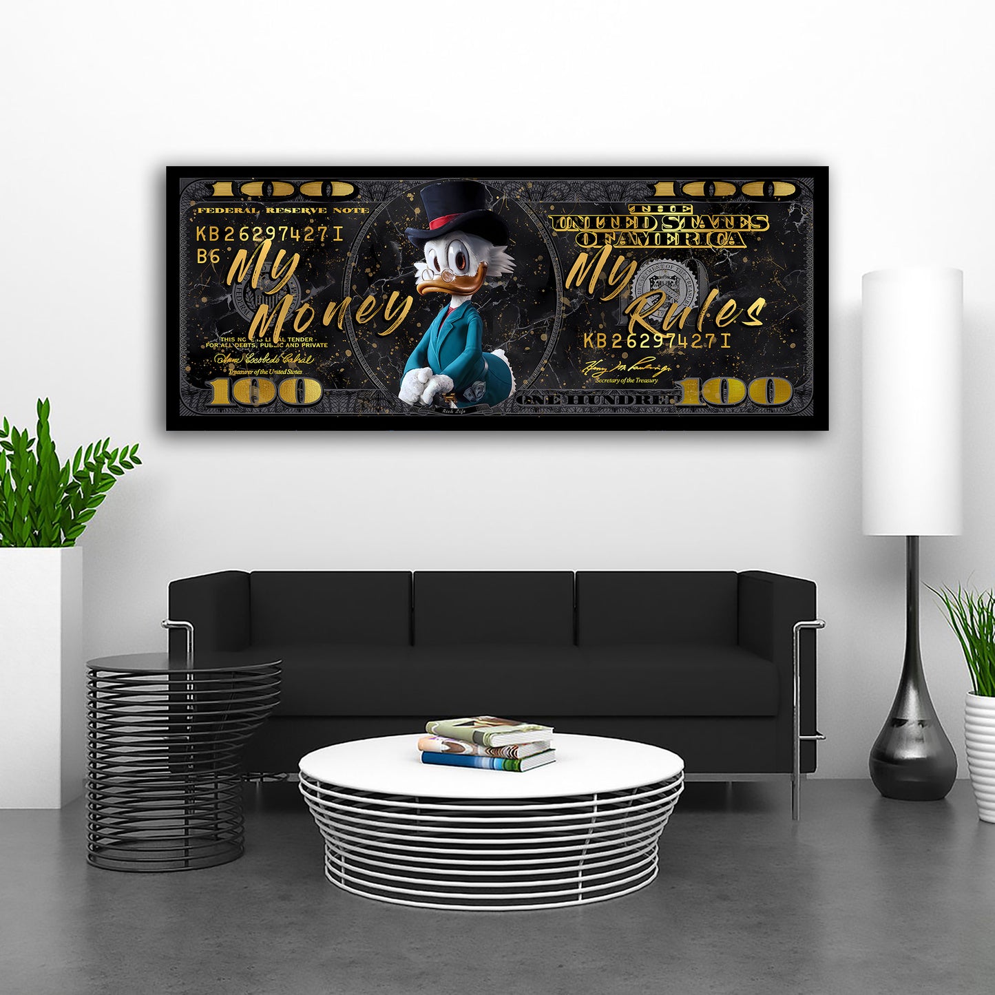 Pop Art Duck - My Money My Rules auf Dollar Note Wandbild Kunstwerk