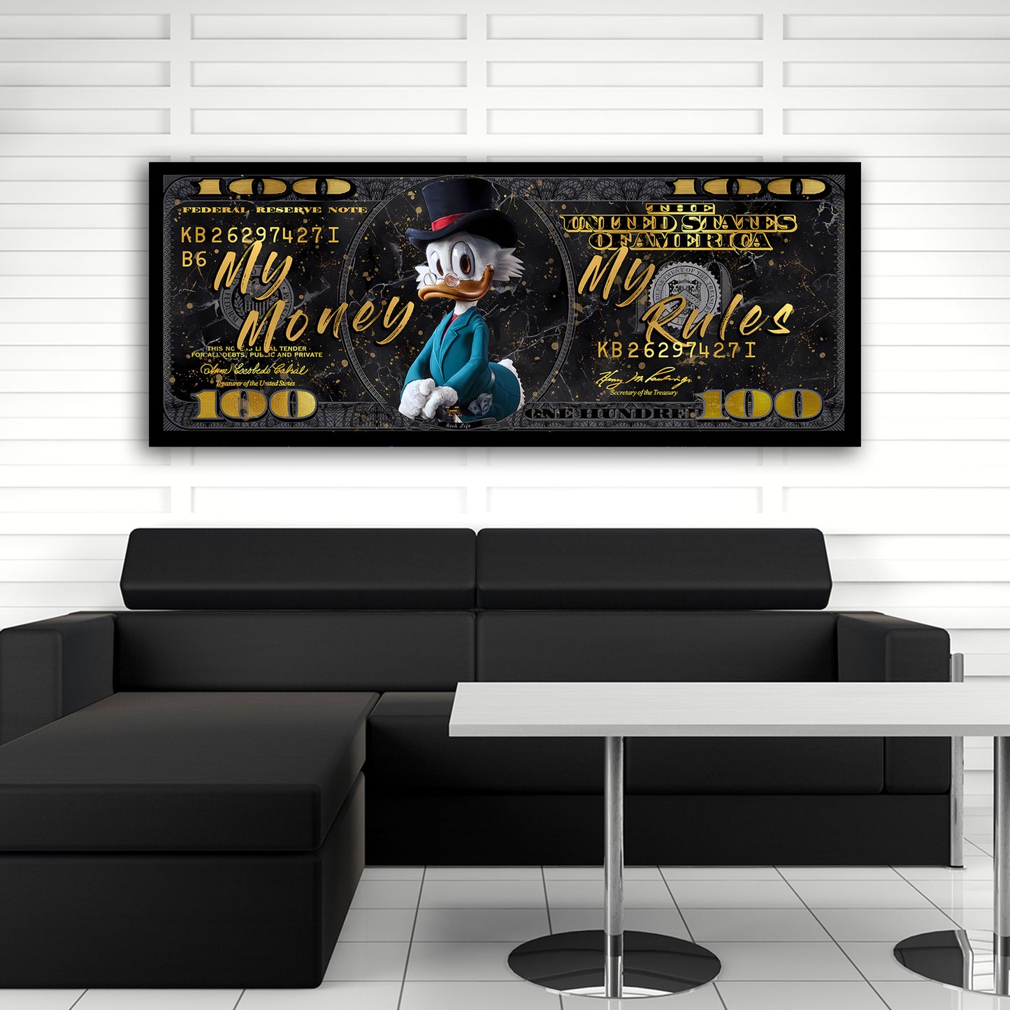 Pop Art Duck - My Money My Rules auf Dollar Note Wandbild Kunstwerk