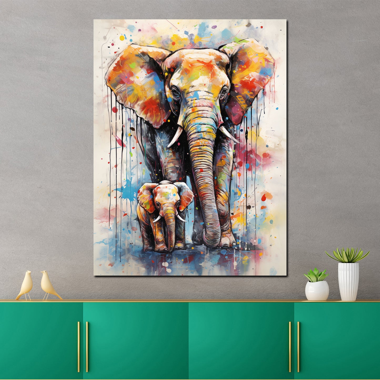 Pop Art Elefant mit Baby Elefant Wandbild Kunstwerk
