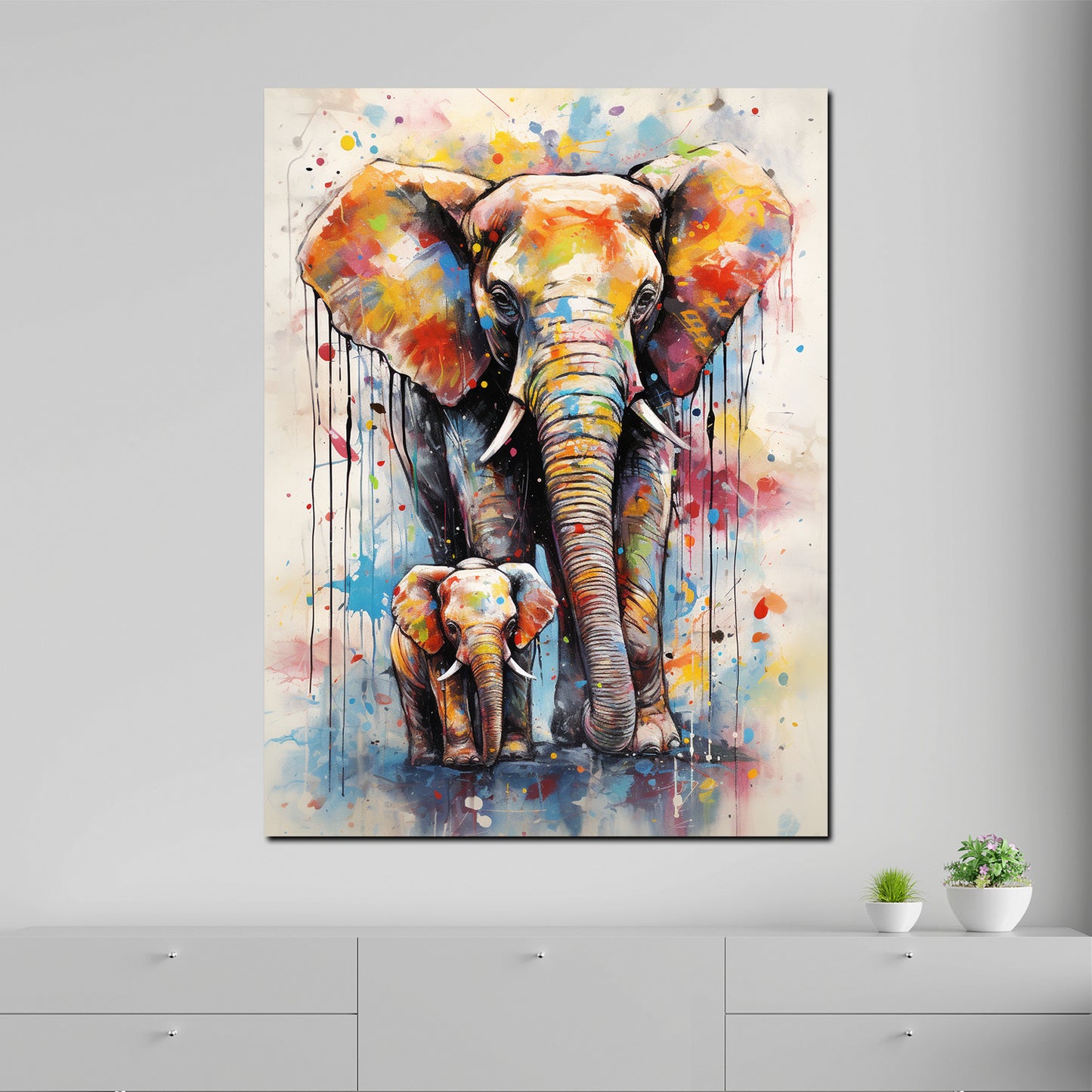 Pop Art Elefant mit Baby Elefant Wandbild Kunstwerk