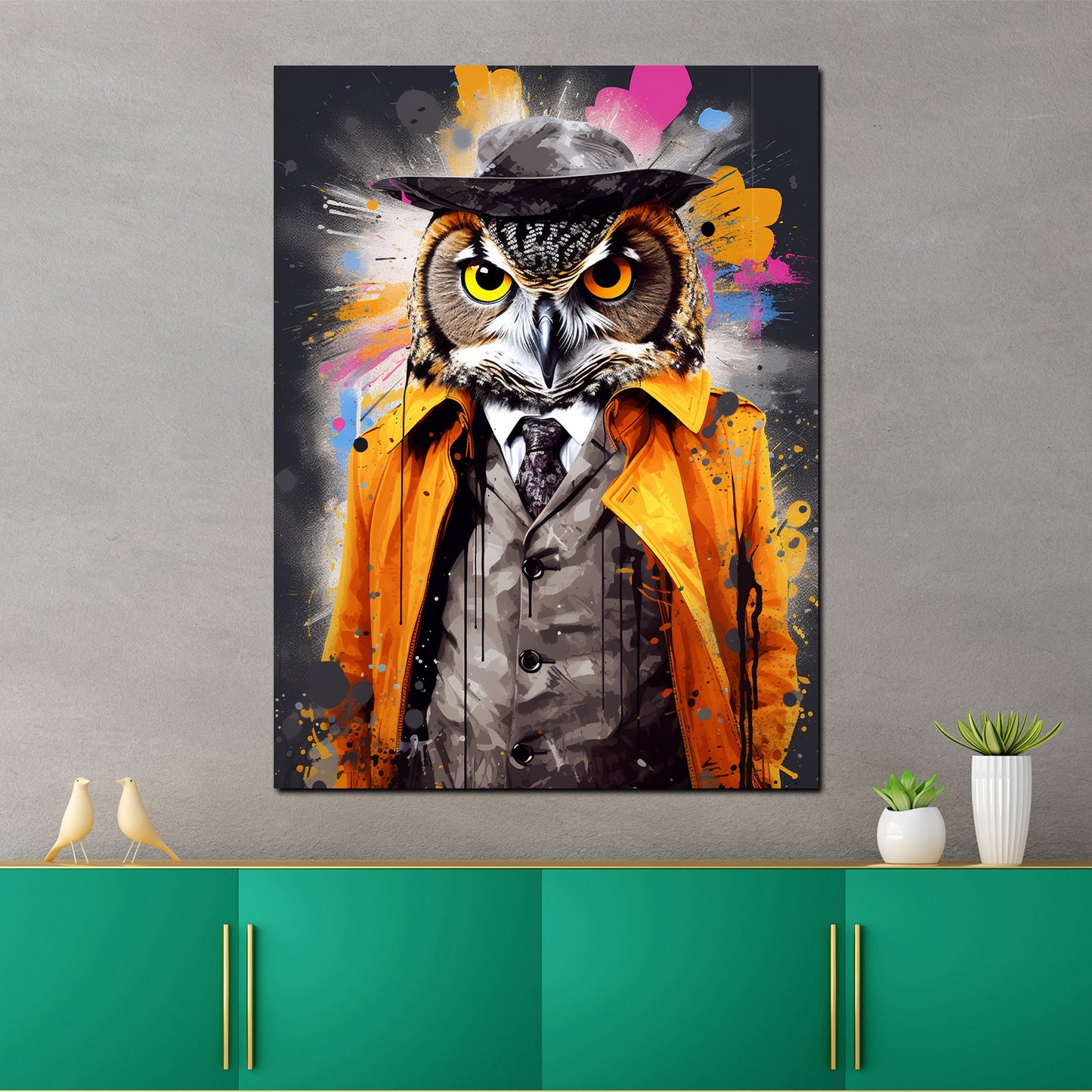 Wandbild Kunstwerk Pop Art Eule im Anzug Colour Splash
