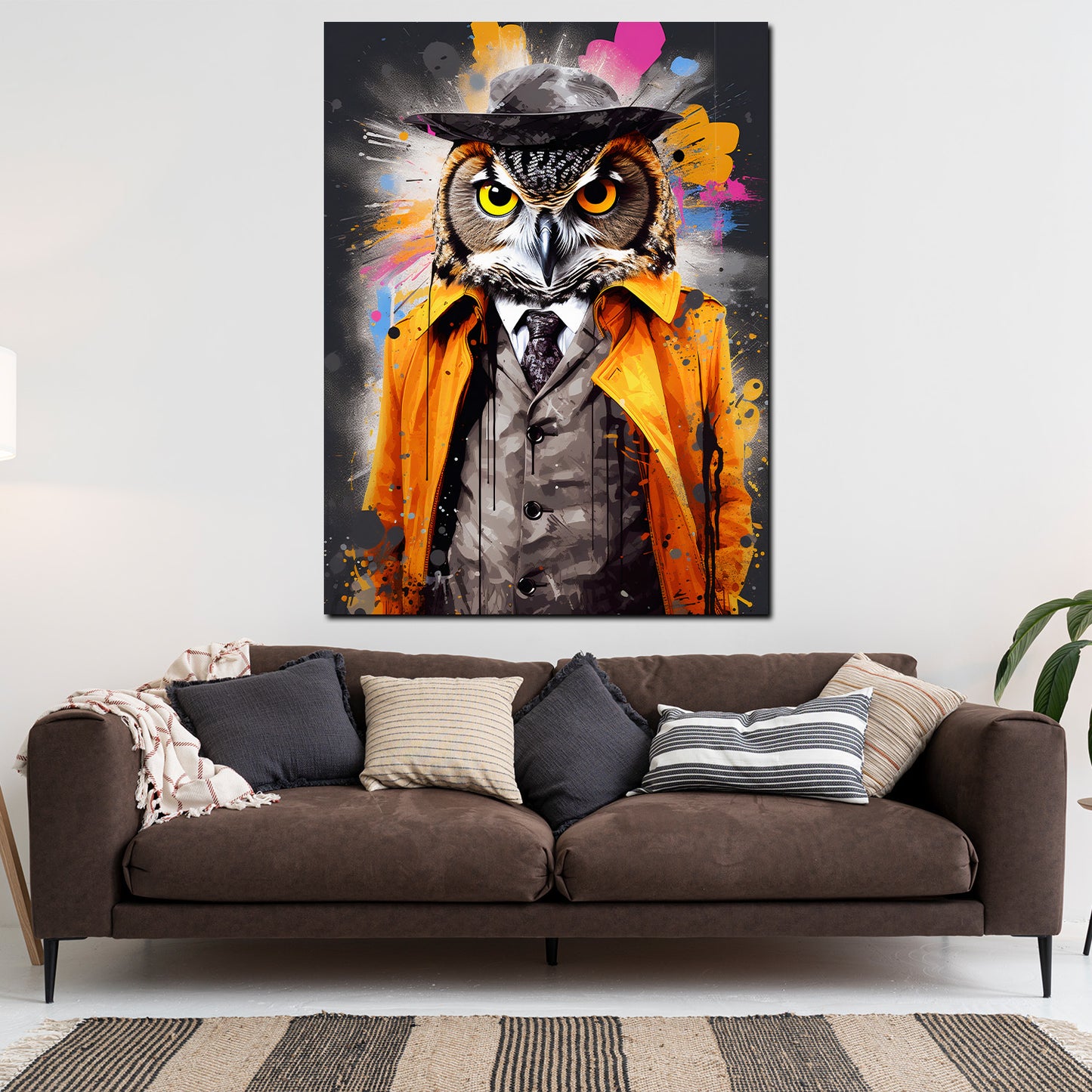 Wandbild Kunstwerk Pop Art Eule im Anzug Colour Splash