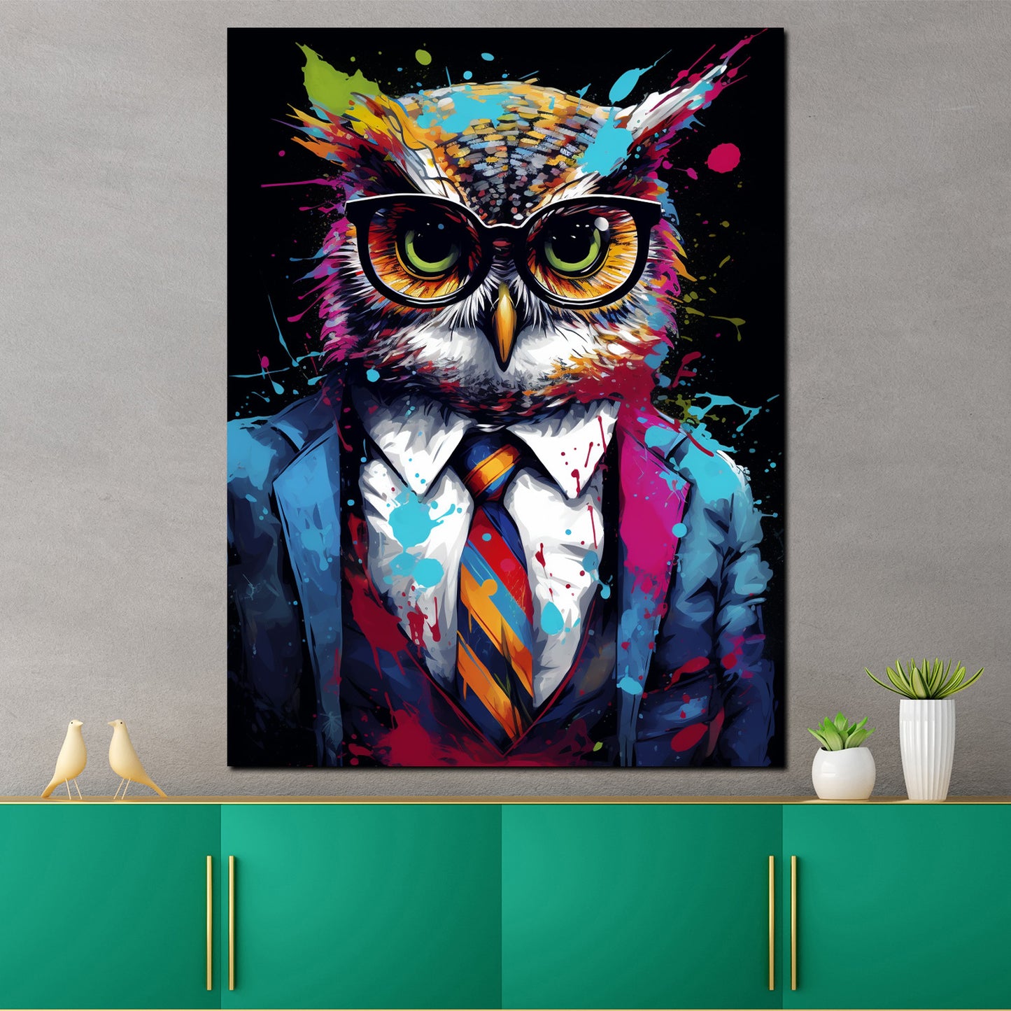 Wandbild Kunstwerk Pop Art Eule im Anzug Dark Mode