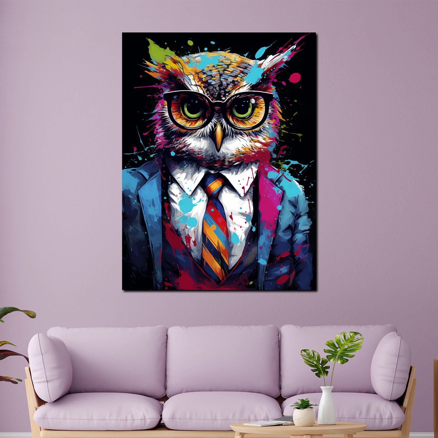 Wandbild Kunstwerk Pop Art Eule im Anzug Dark Mode