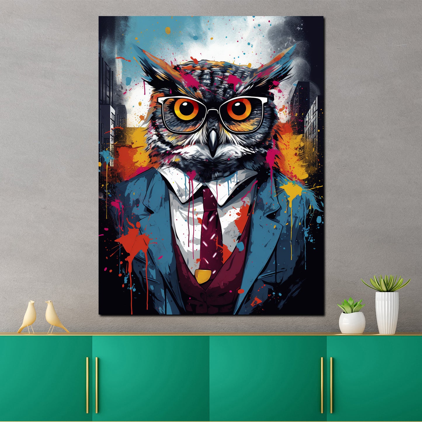 Wandbild Kunstwerk Pop Art Eule im Anzug und Krawatte