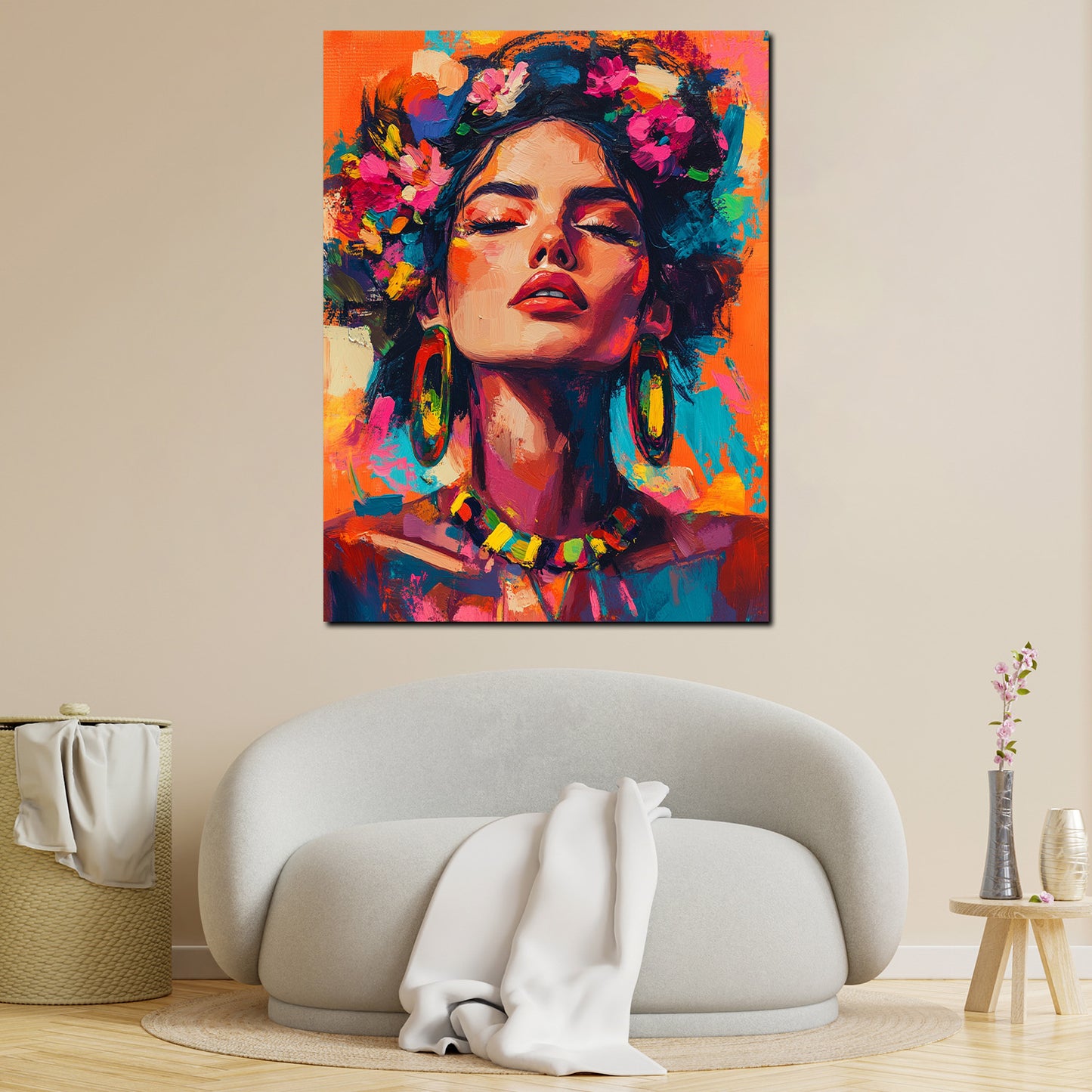Wandbild Kunstwerk Pop Art Frida jung Ausdruck Blumen modern