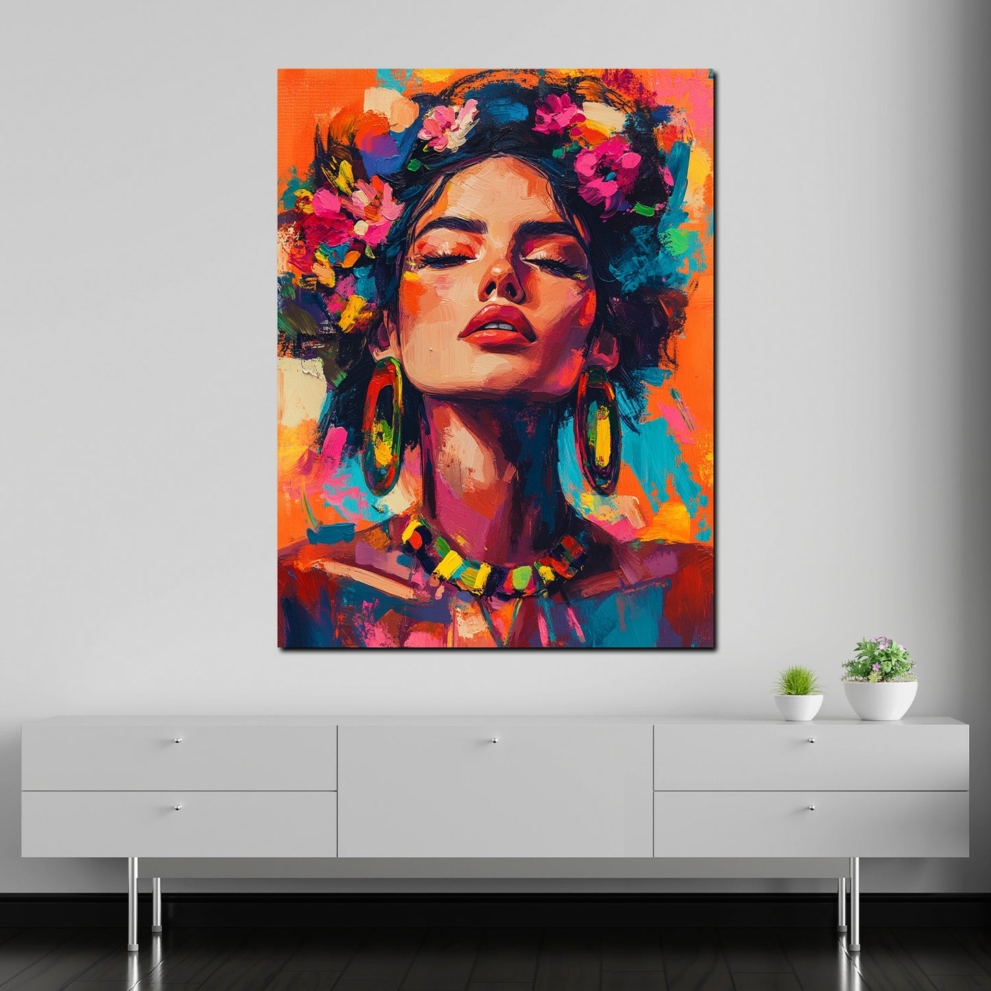Wandbild Kunstwerk Pop Art Frida jung Ausdruck Blumen modern