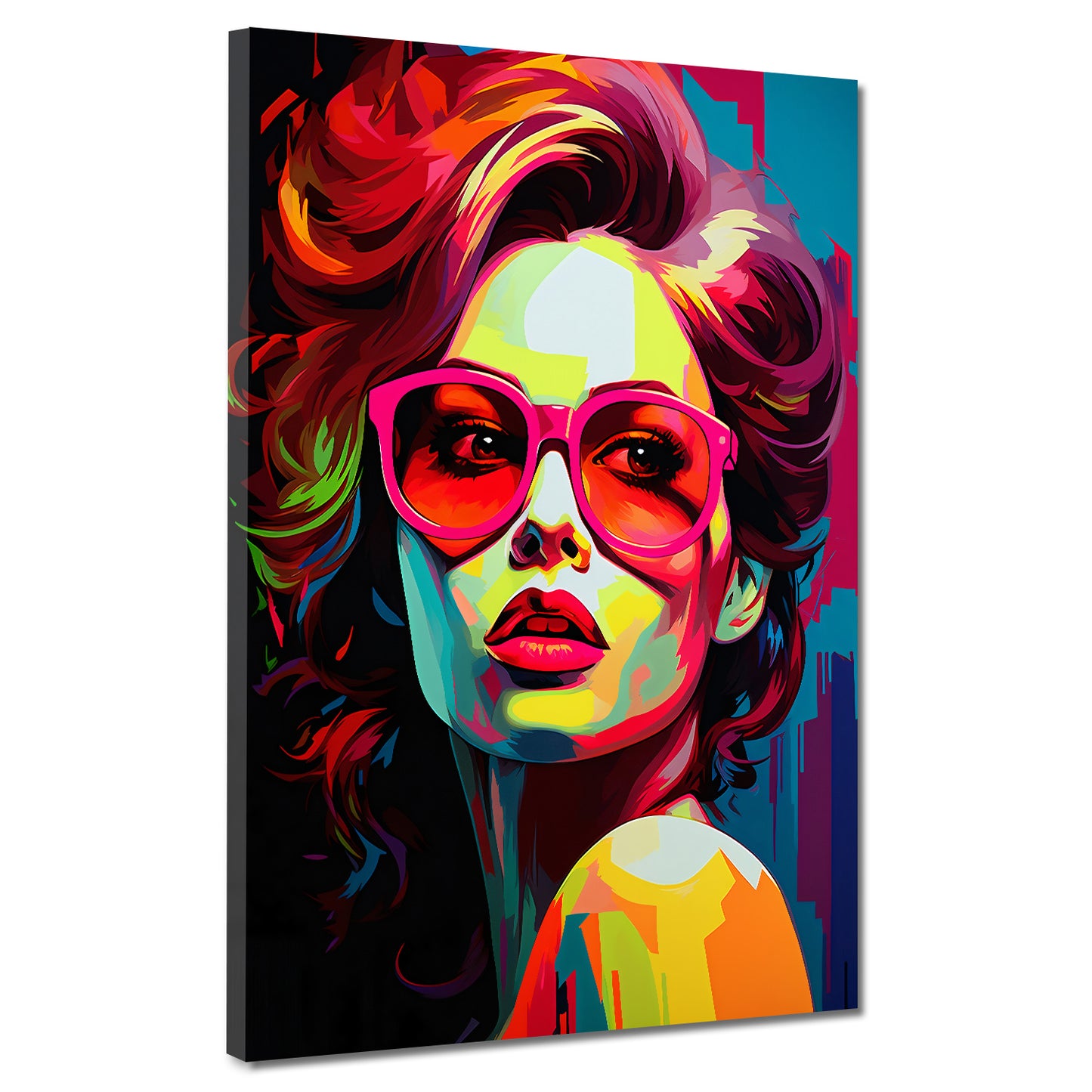 Wandbild Kunstwerk Pop Art Frau mit roter Sonnenbrille
