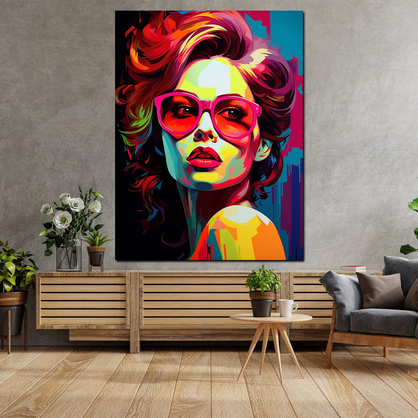 Wandbild Kunstwerk Pop Art Frau mit roter Sonnenbrille