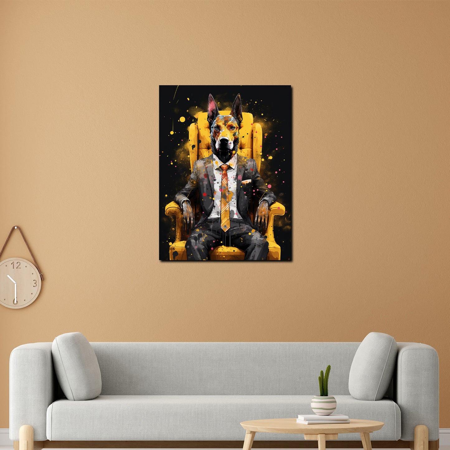 Pop Art Hund im Anzug sitzend, Tiere im Anzug Wandbild Kunstwerk