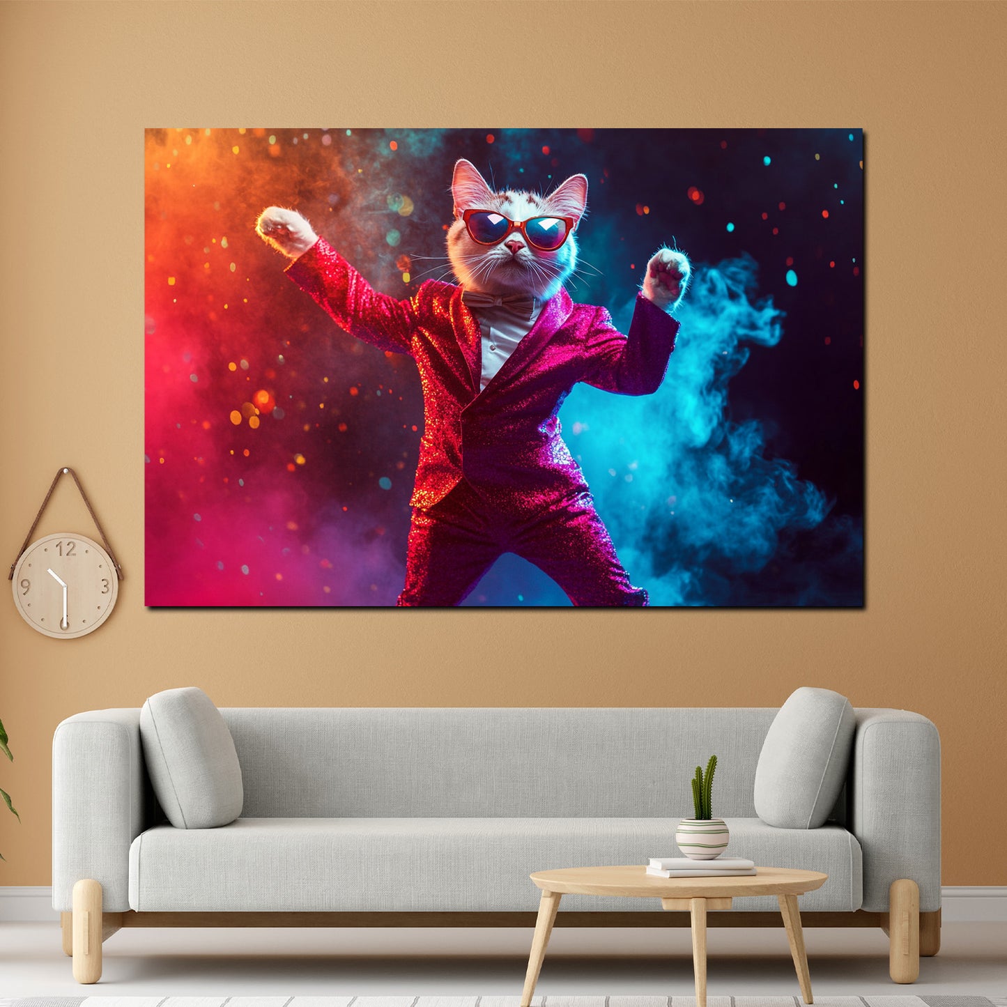 Wandbild Kunstwerk Pop Art Katze im Anzug Party Glitzer