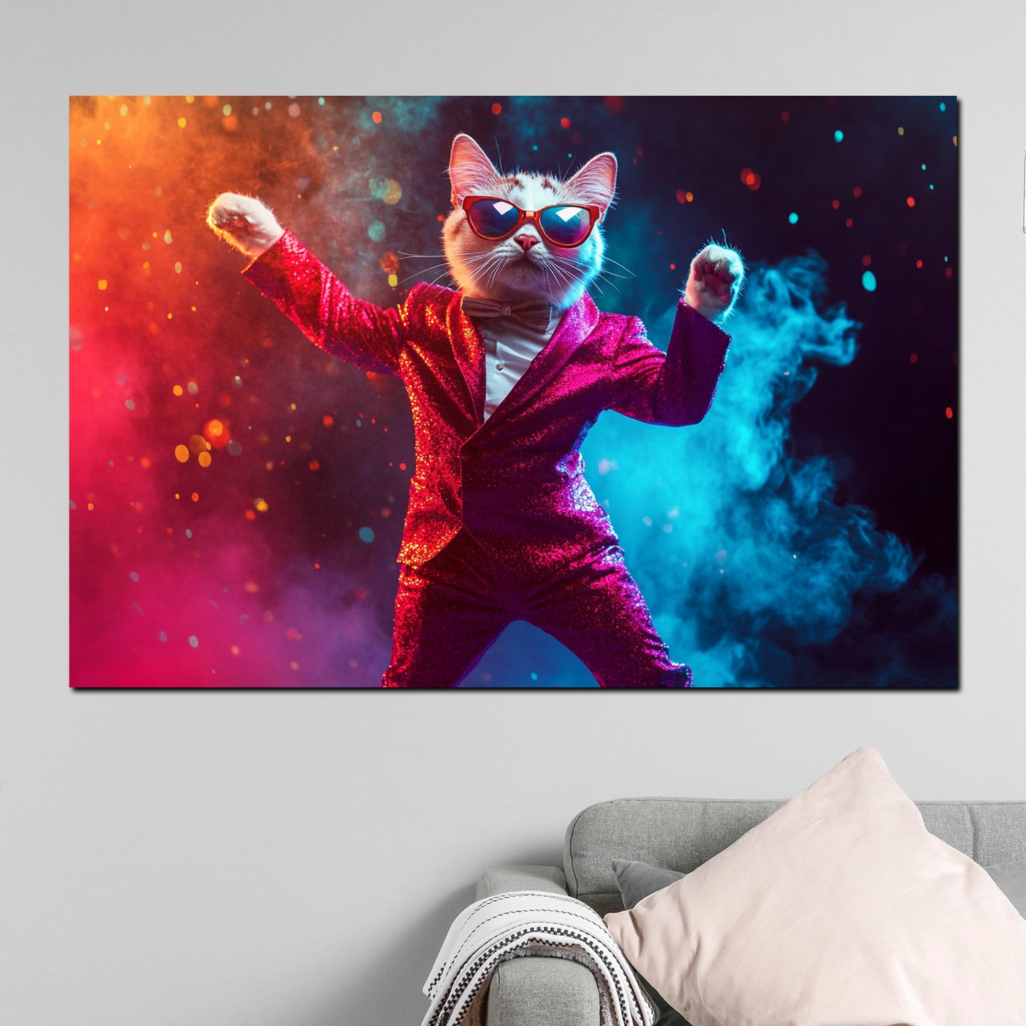 Wandbild Kunstwerk Pop Art Katze im Anzug Party Glitzer