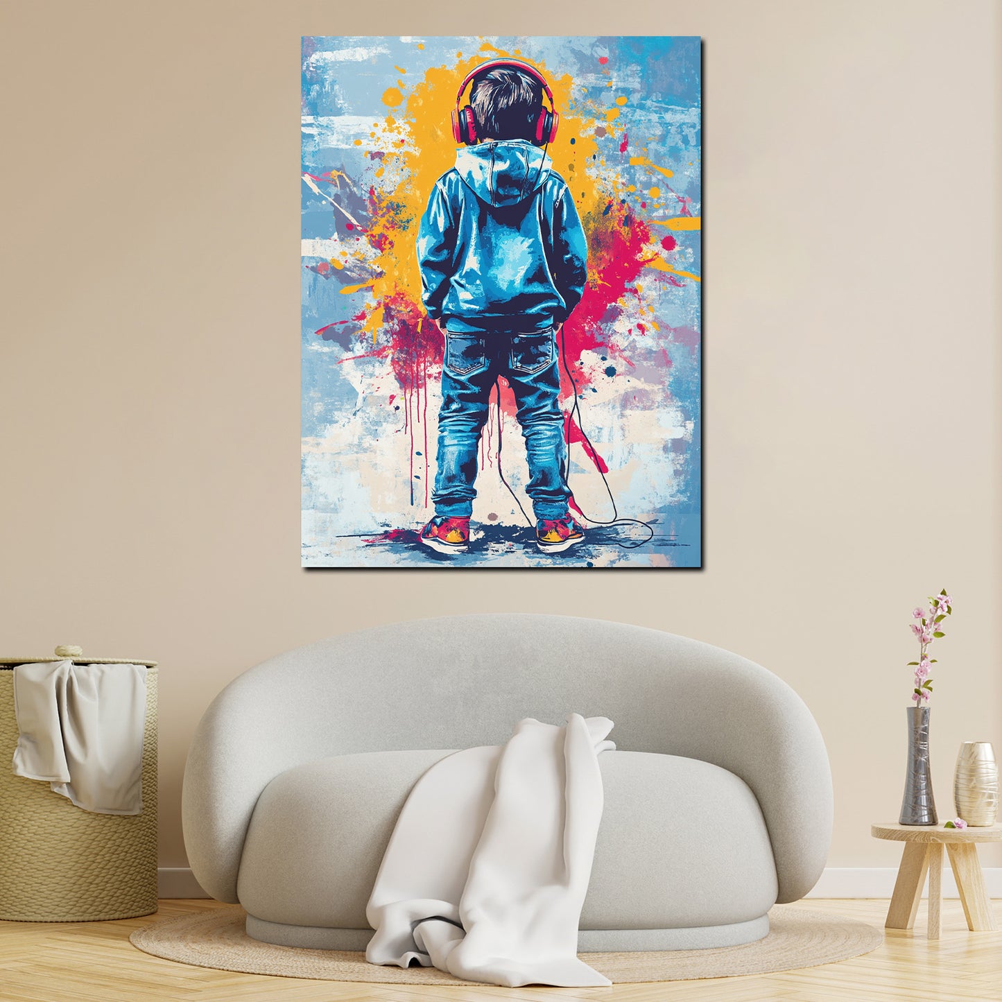 Wandbild Kunstwerk Pop Art Kind mit Kopfhörern farbenfroh