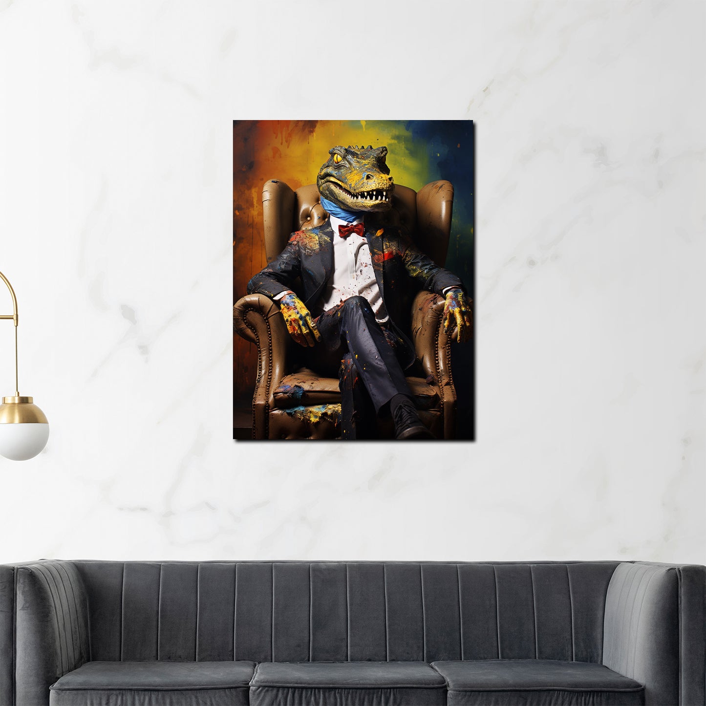 Pop Art Krokodil im Anzug sitzend, Tiere im Anzug Wandbild Kunstwerk