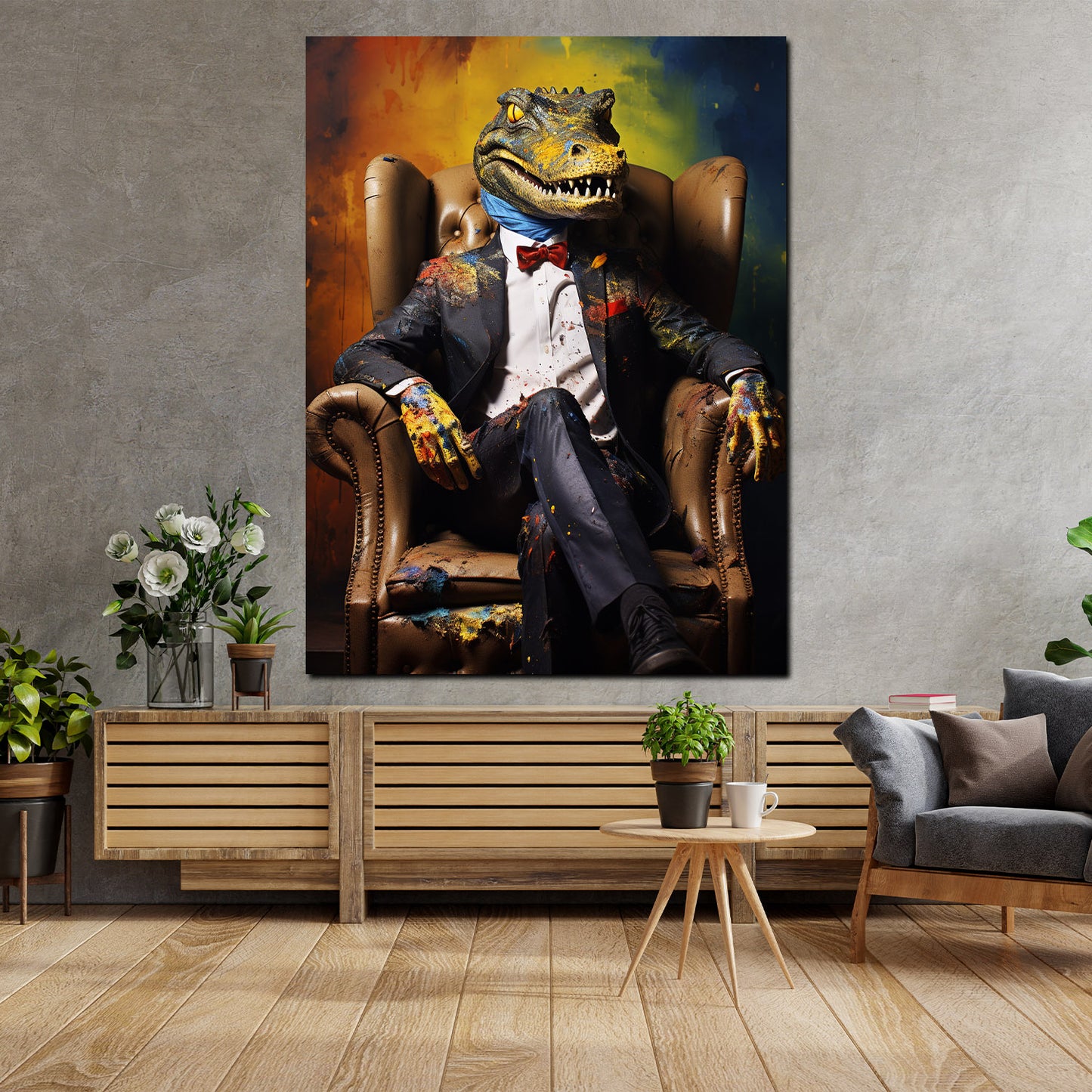 Pop Art Krokodil im Anzug sitzend, Tiere im Anzug Wandbild Kunstwerk