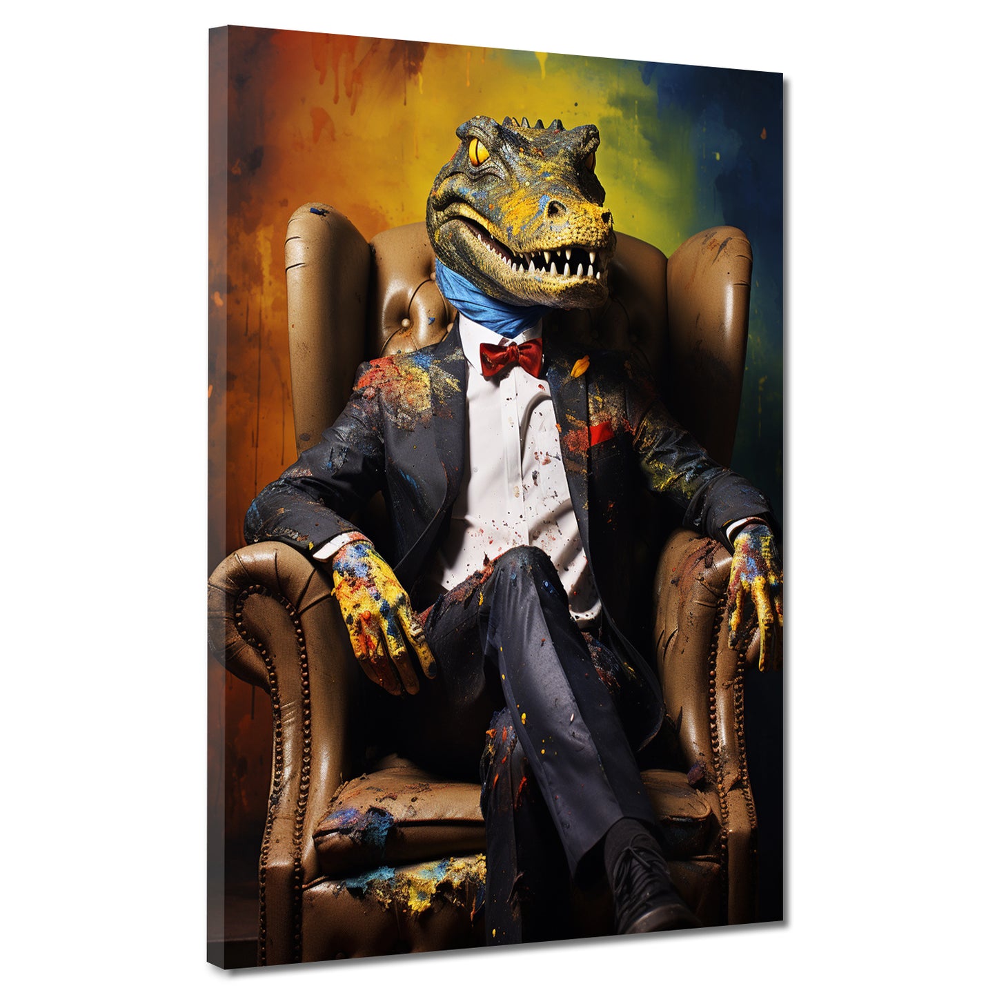 Pop Art Krokodil im Anzug sitzend, Tiere im Anzug Wandbild Kunstwerk