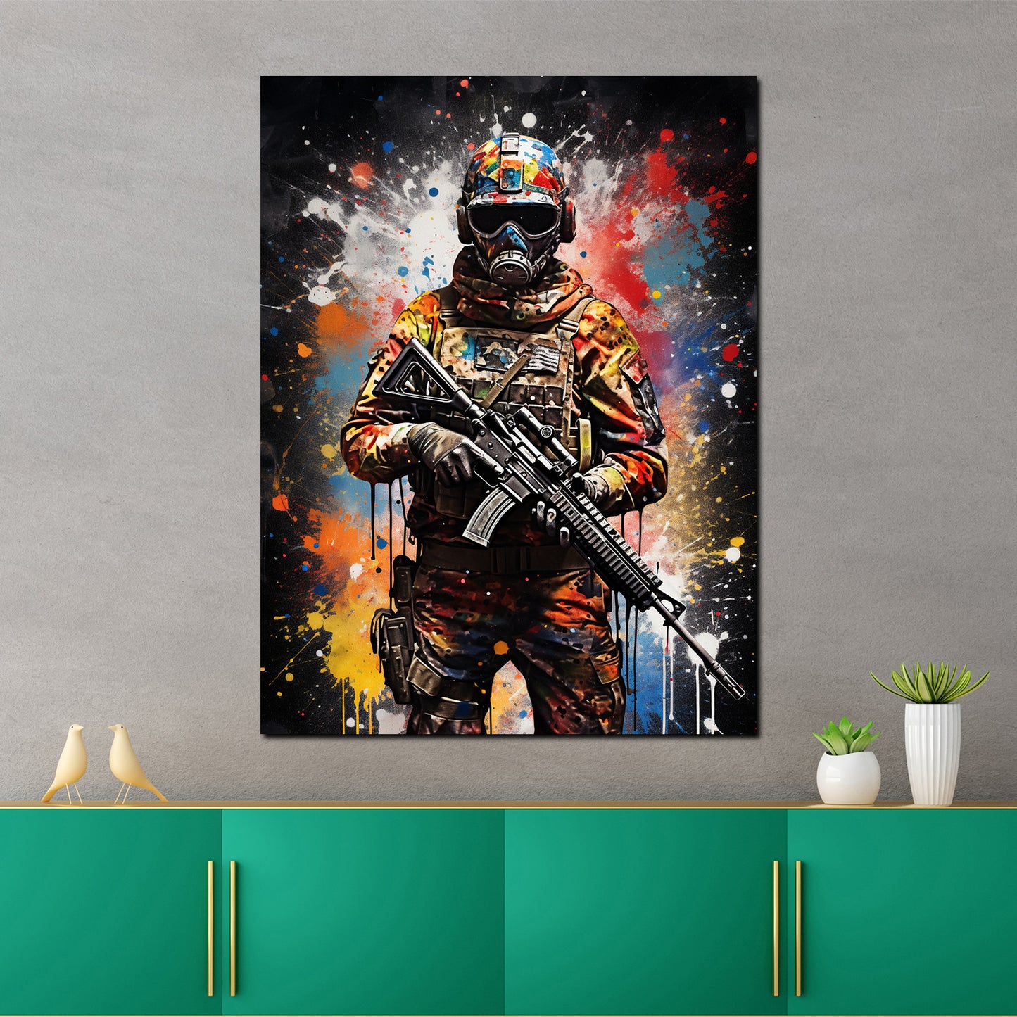 Wandbild Kunstwerk Pop Art Mann mit Gewähr Colour Splash