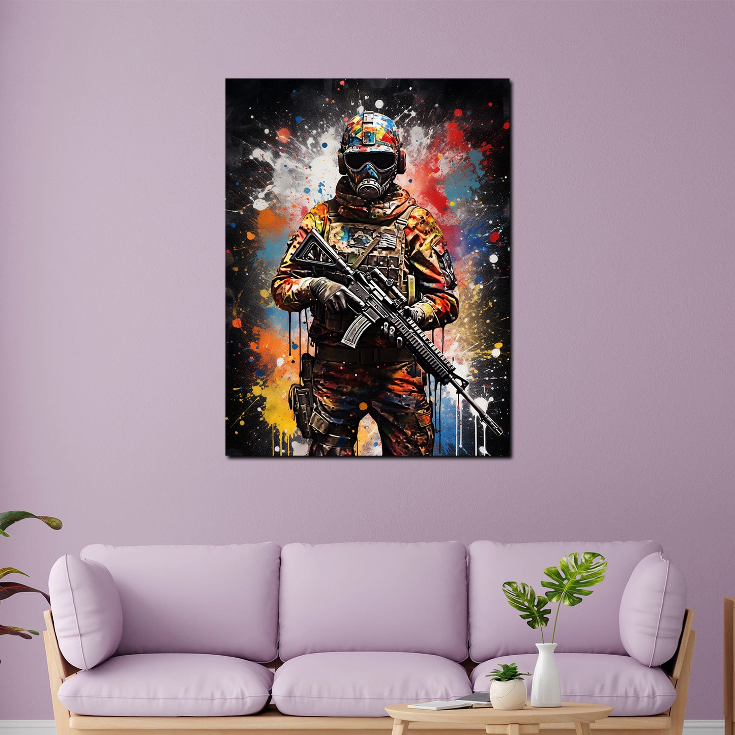 Wandbild Kunstwerk Pop Art Mann mit Gewähr Colour Splash