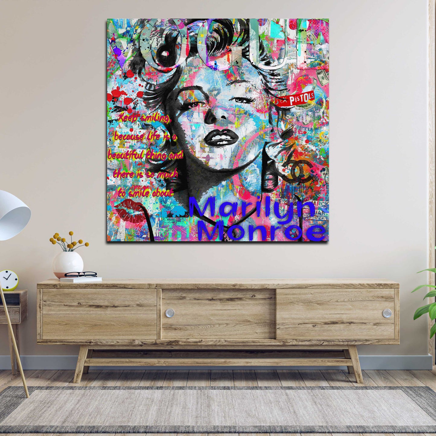 Wandbild Kunstwerk Pop Art Marilyn Spruch Porträt Farbe Street Art modern