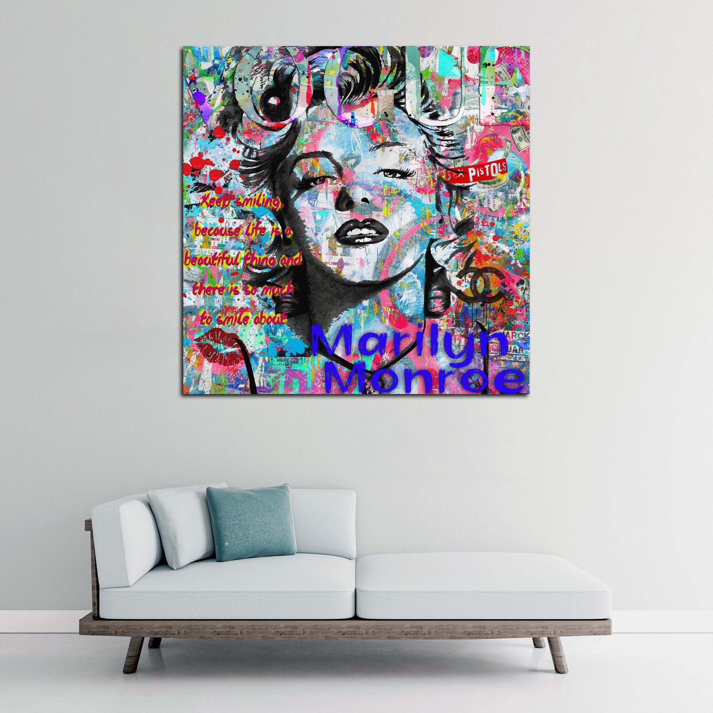 Wandbild Kunstwerk Pop Art Marilyn Spruch Porträt Farbe Street Art modern