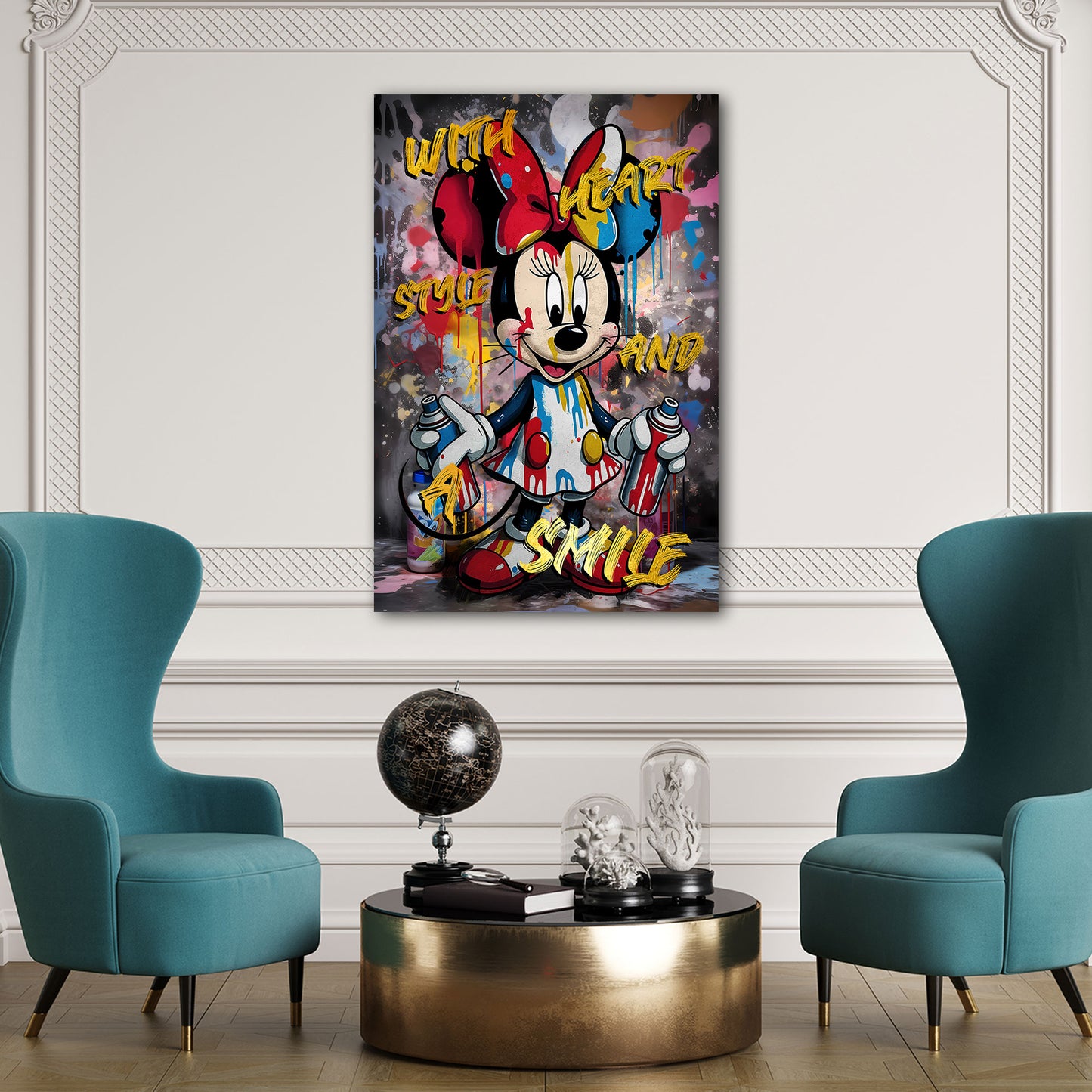 Pop Art Minnie Style mit Spraydosen und lebhaften Details Wandbild Kunstwerk
