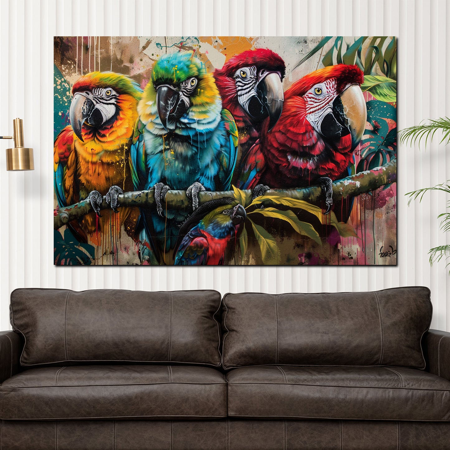 Pop Art Papageien farbenfroh auf Ast Wandbild Kunstwerk