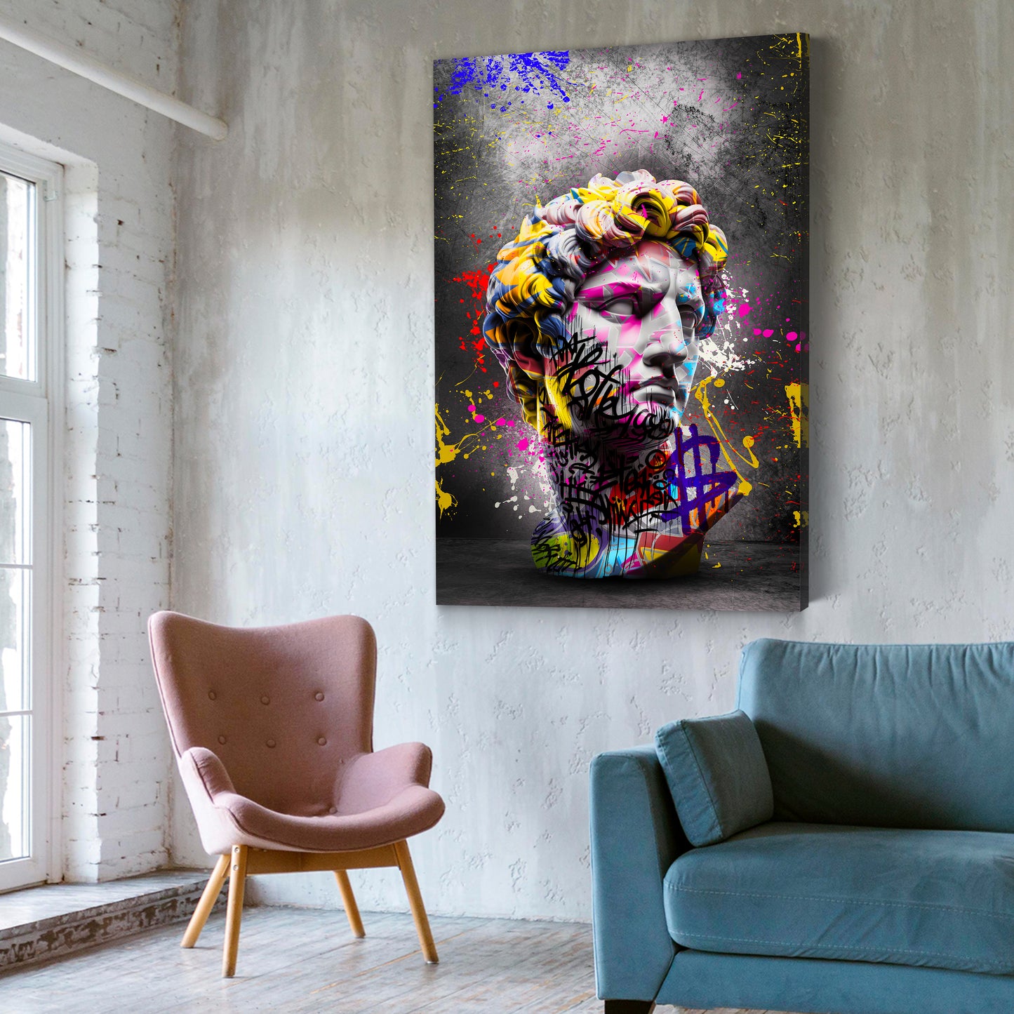 Pop Art Skulptur David mit Street Art Elementen Wandbild Kunstwerk