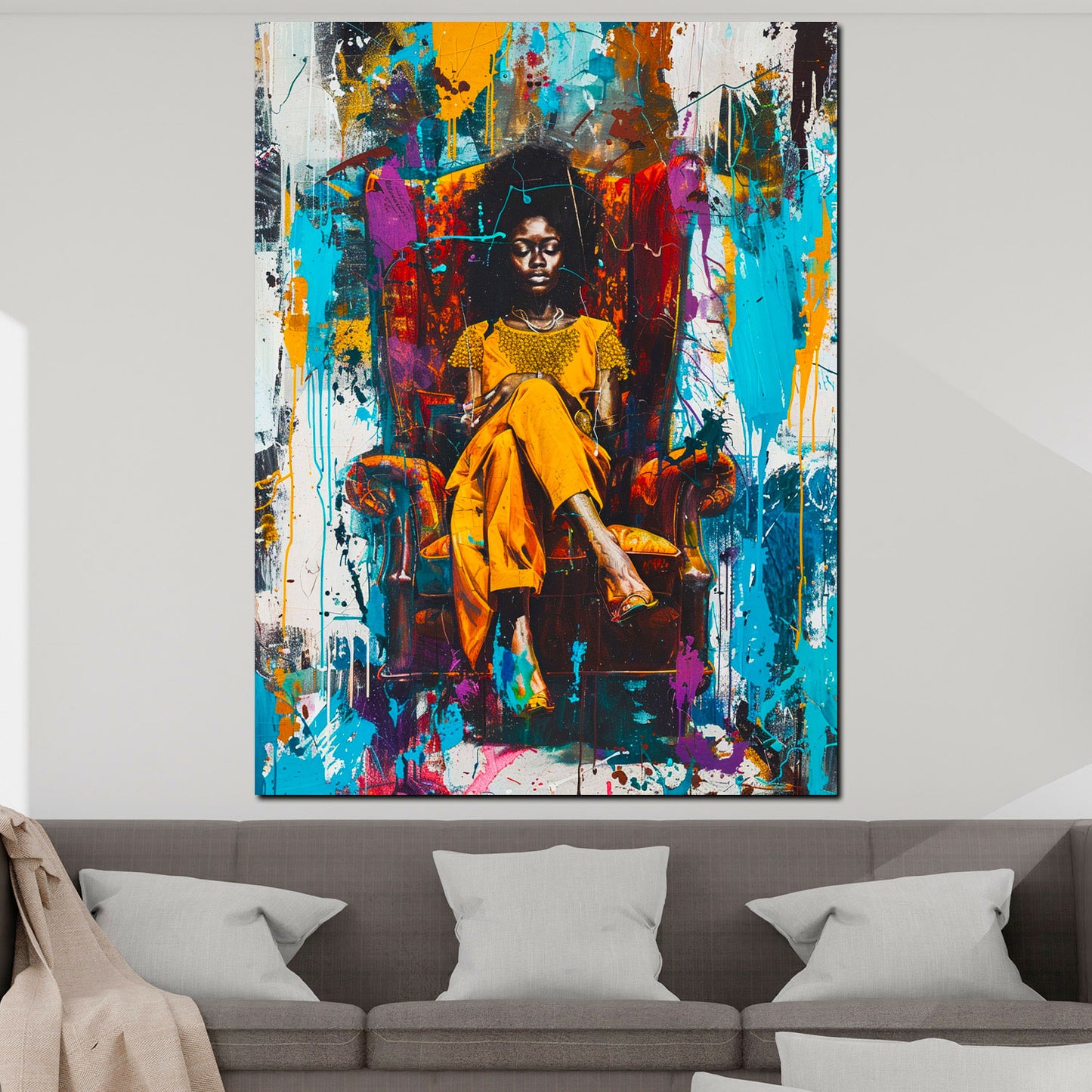 Pop Art afrikanische Frau mit lebendigen Farben im Sessel Wandbild Kunstwerk