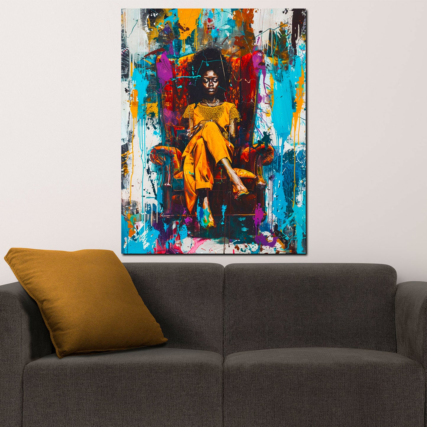 Pop Art afrikanische Frau mit lebendigen Farben im Sessel Wandbild Kunstwerk