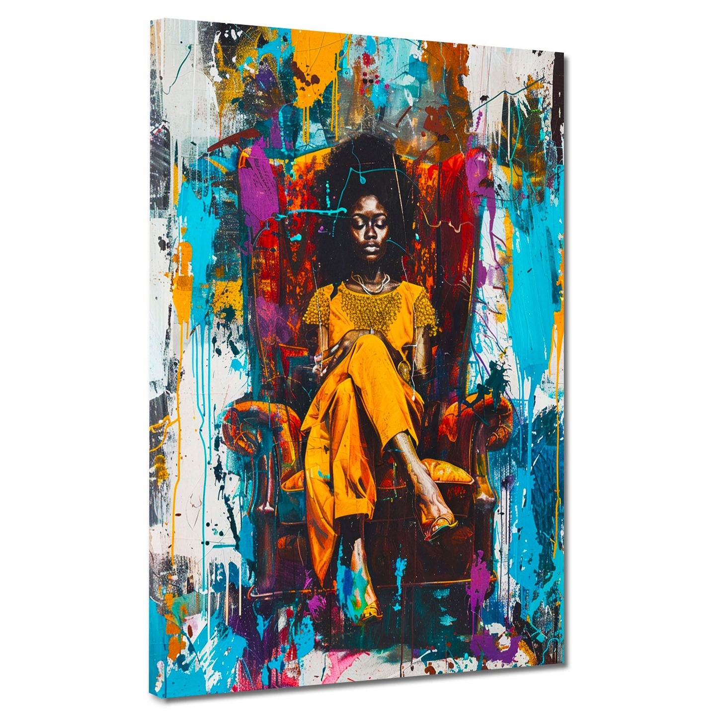 Pop Art afrikanische Frau mit lebendigen Farben im Sessel Wandbild Kunstwerk