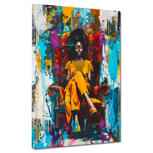 Pop Art afrikanische Frau mit lebendigen Farben im Sessel Wandbild Kunstwerk