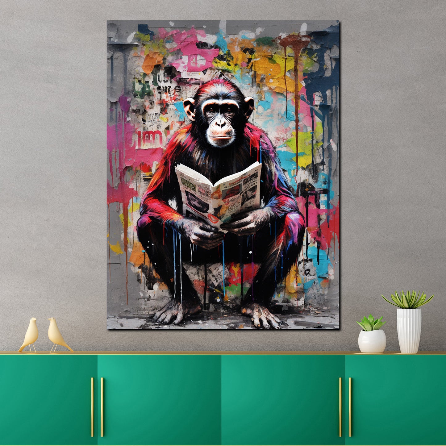 Pop Art sitzender Affe mit Zeitung Wandbild Kunstwerk