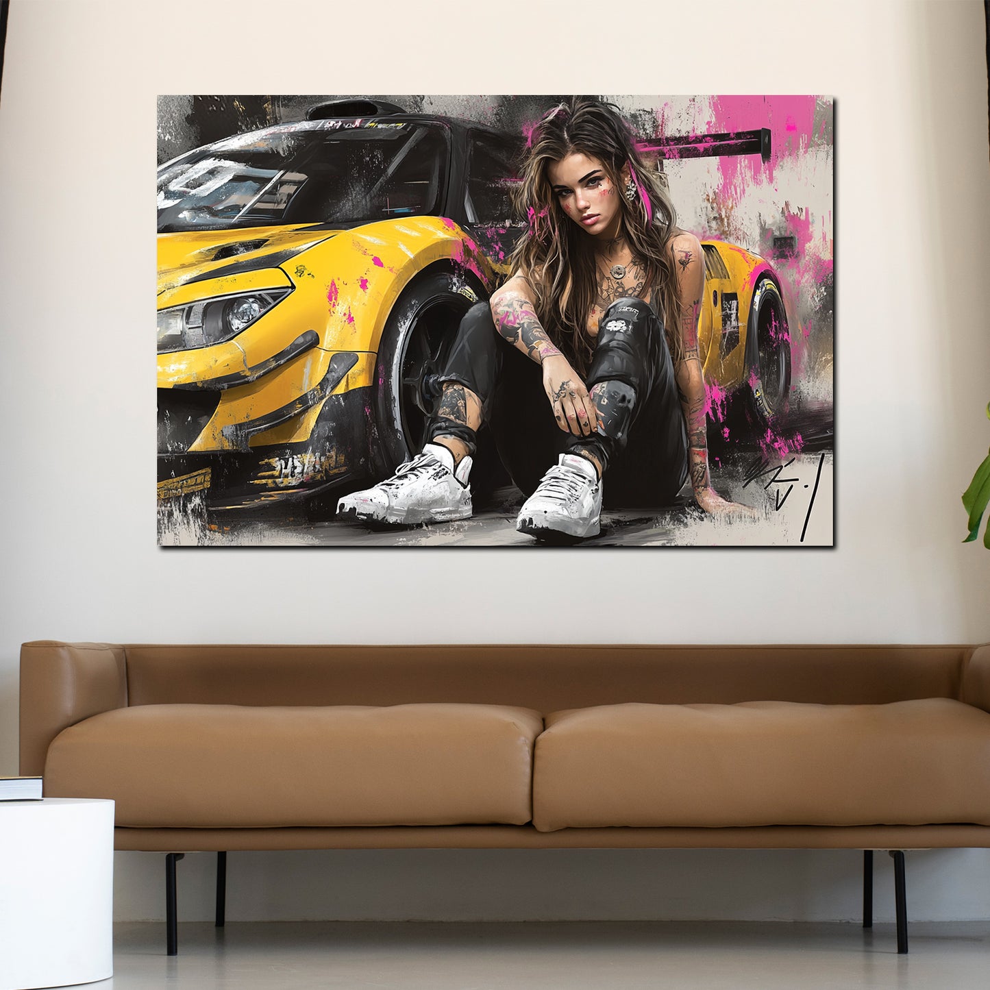 Pop Art tätowierte Frau und Sportauto Wandbild Kunstwerk