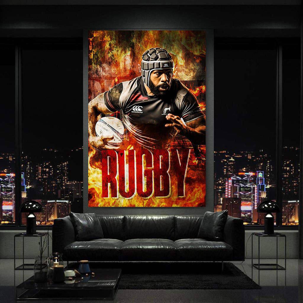 Rugby im intensiven Flammendesign Wandbild Kunstwerk