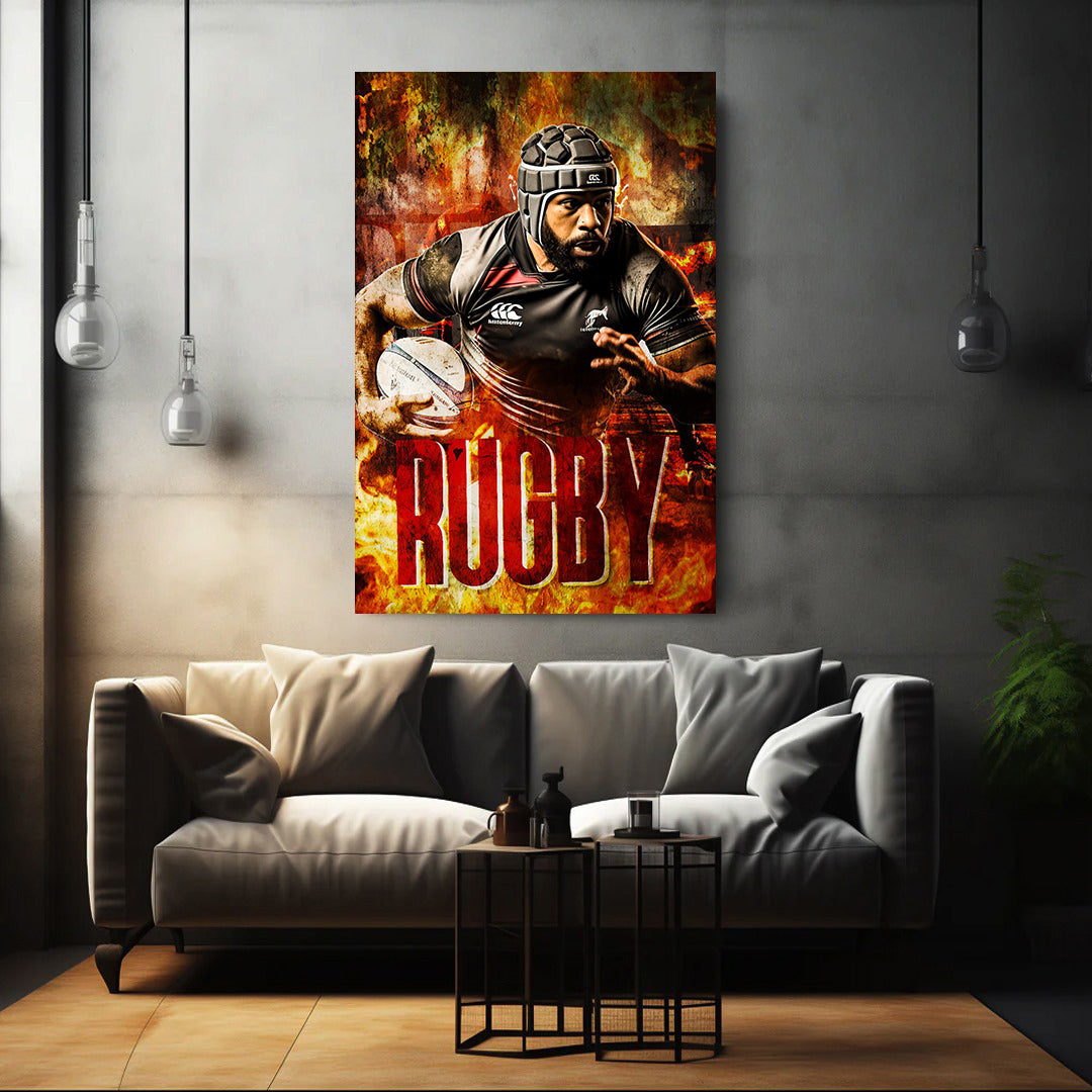 Rugby im intensiven Flammendesign Wandbild Kunstwerk